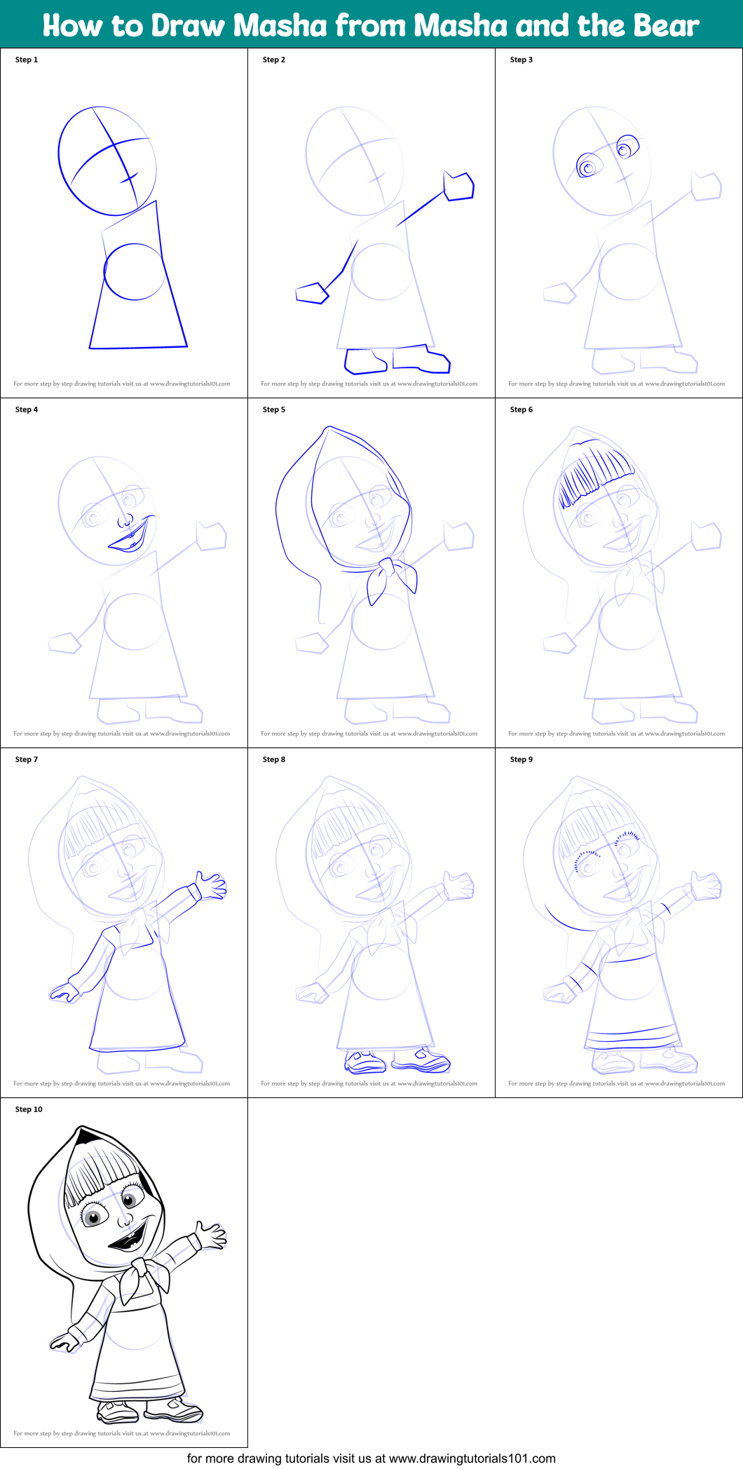 How to Draw Masha from Masha and the Bear printable step by step