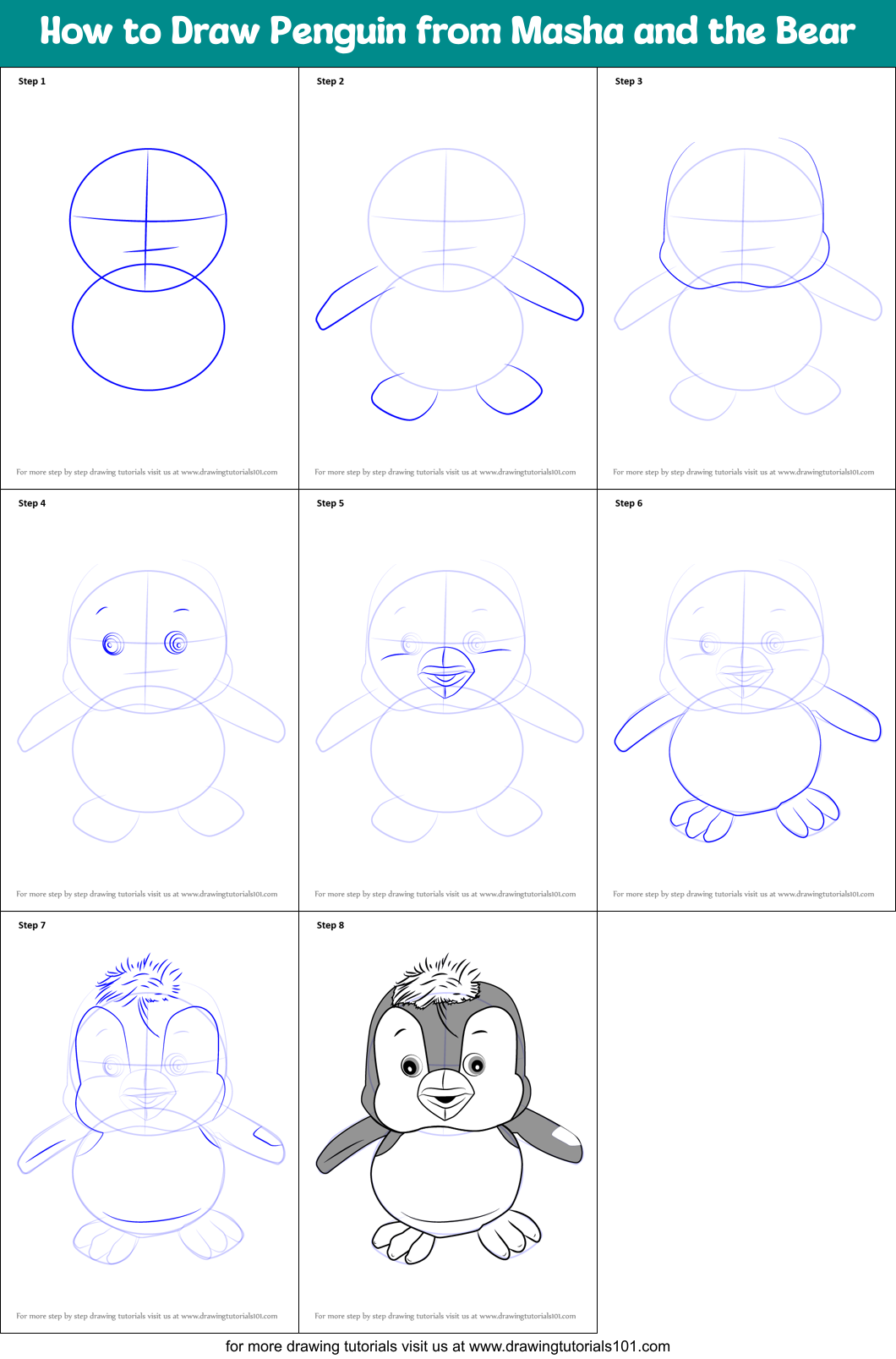 How to Draw Penguin from Masha and the Bear Printable Step by Step