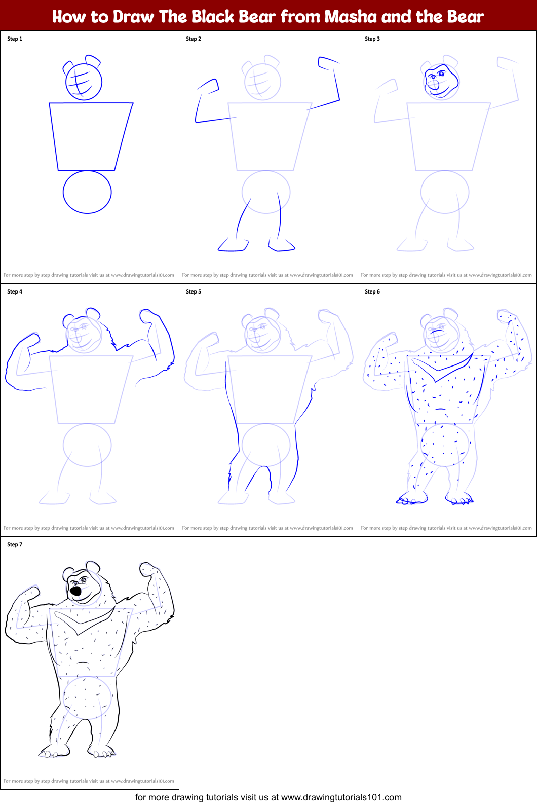 How to Draw The Black Bear from Masha and the Bear Printable Step by Step