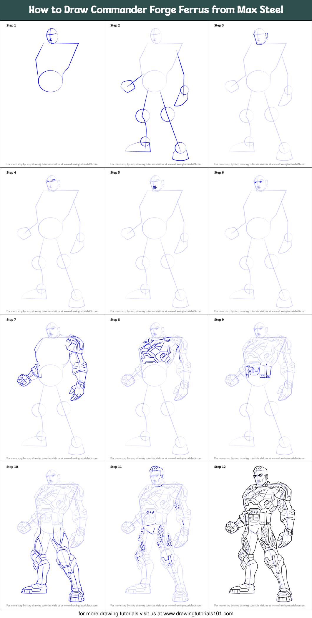 How to Draw Commander Forge Ferrus from Max Steel Printable Step by Step