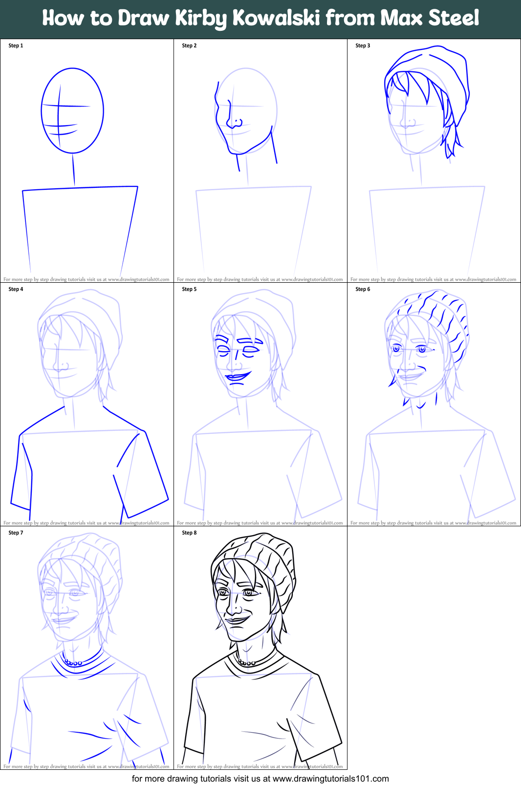 How to Draw Kirby Kowalski from Max Steel Printable Step by Step