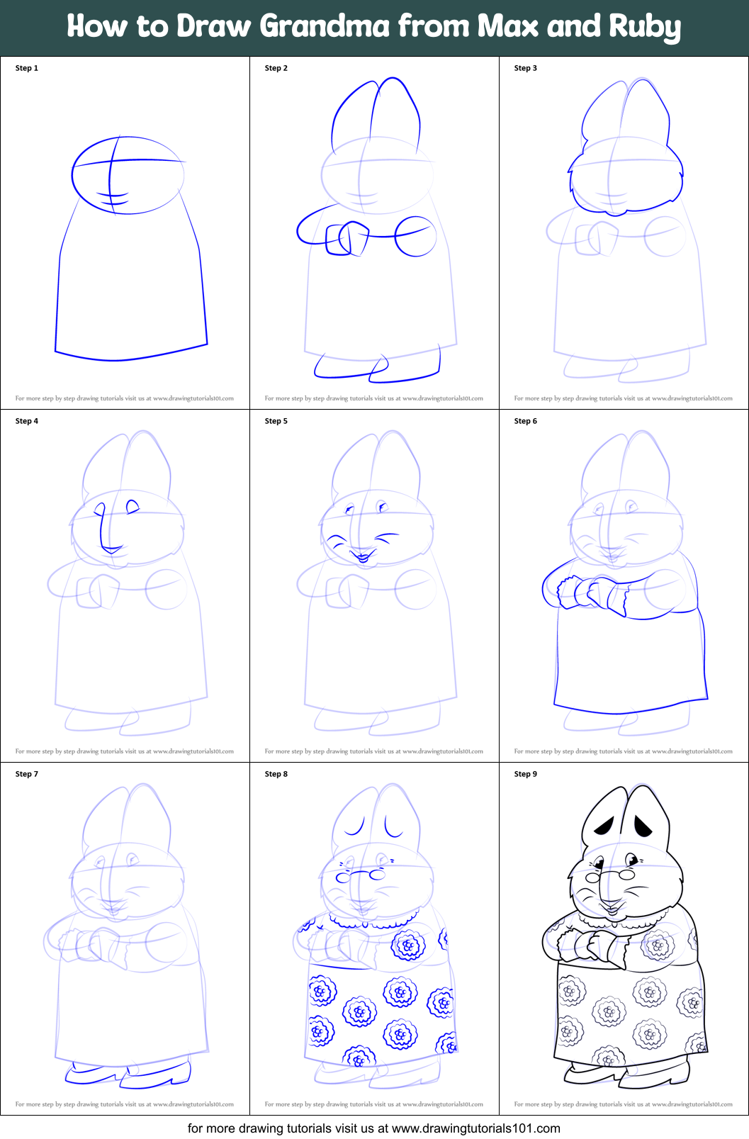How to Draw Grandma from Max and Ruby Printable Step by Step