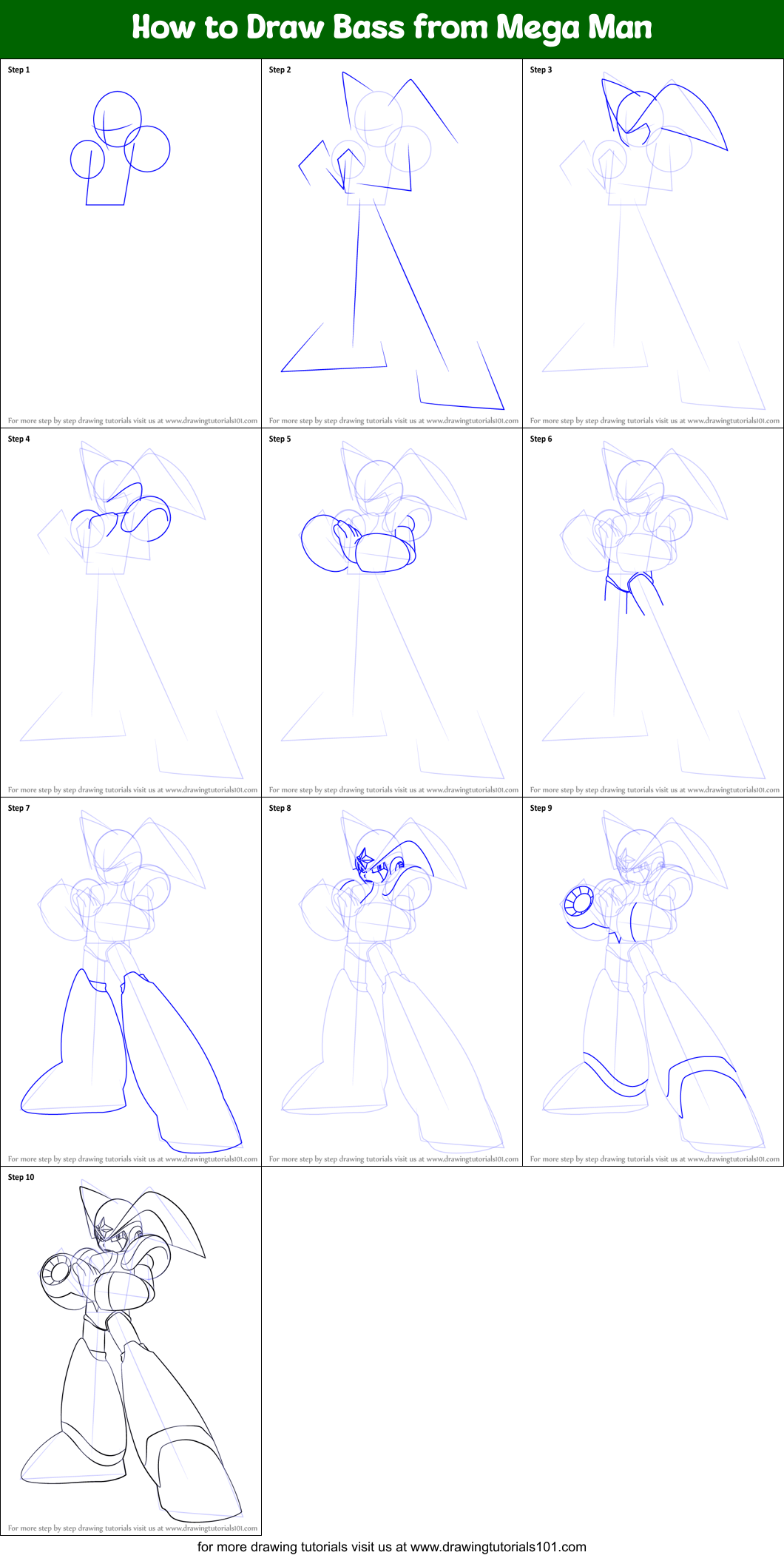 How to Draw Bass from Mega Man Printable Step by Step