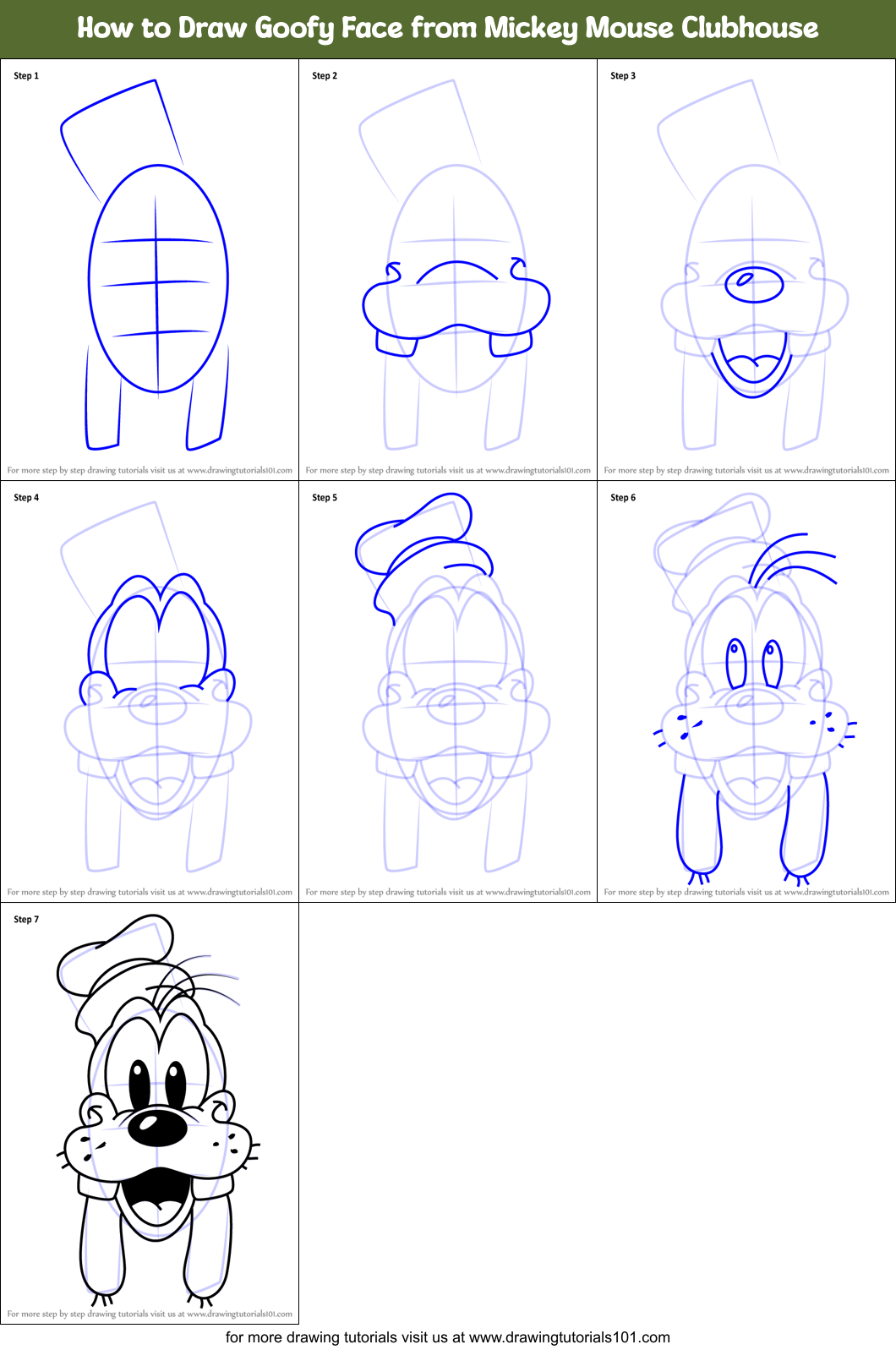 How to Draw Goofy Face from Mickey Mouse Clubhouse printable step by