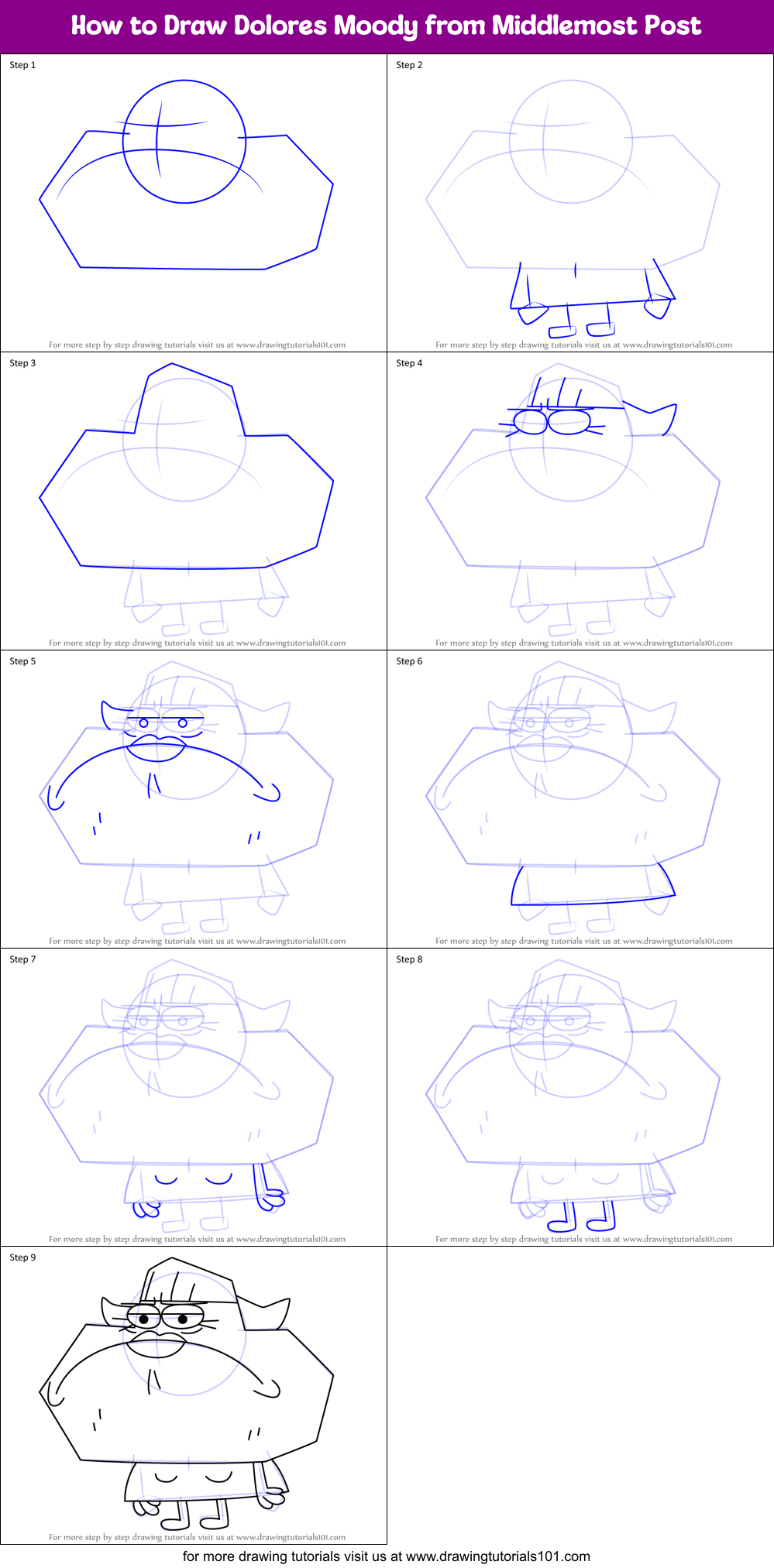 How to Draw Dolores Moody from Middlemost Post Printable Step by Step