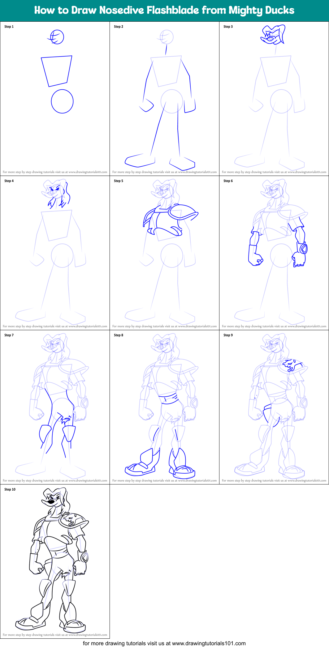 How to Draw Nosedive Flashblade from Mighty Ducks Printable Step by Step