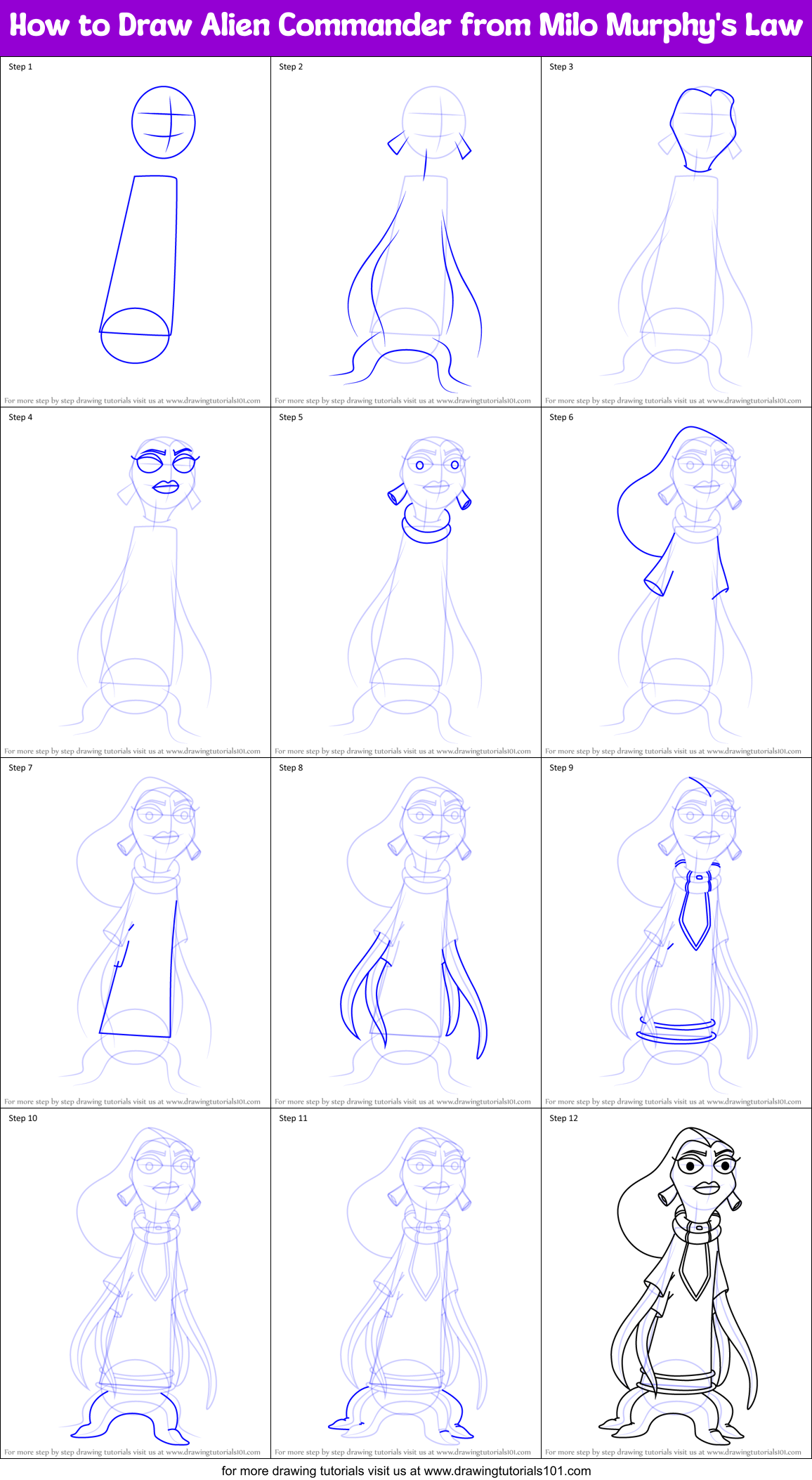 How to Draw Alien Commander from Milo Murphy's Law Printable Step by Step
