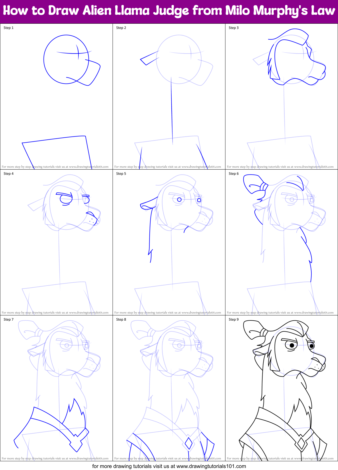 How to Draw Alien Llama Judge from Milo Murphy's Law Printable Step by Step