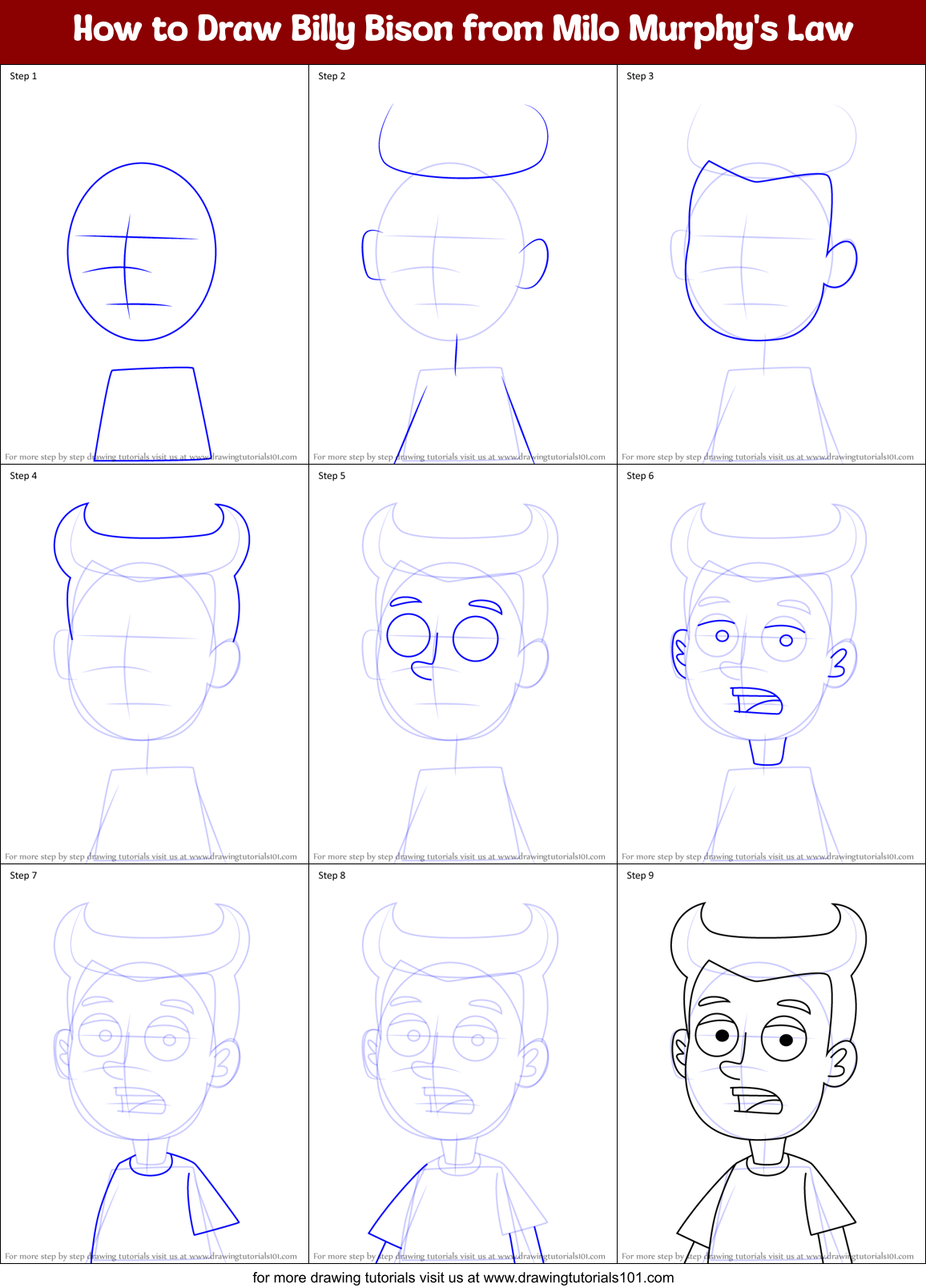 How to Draw Billy Bison from Milo Murphy's Law Printable Step by Step