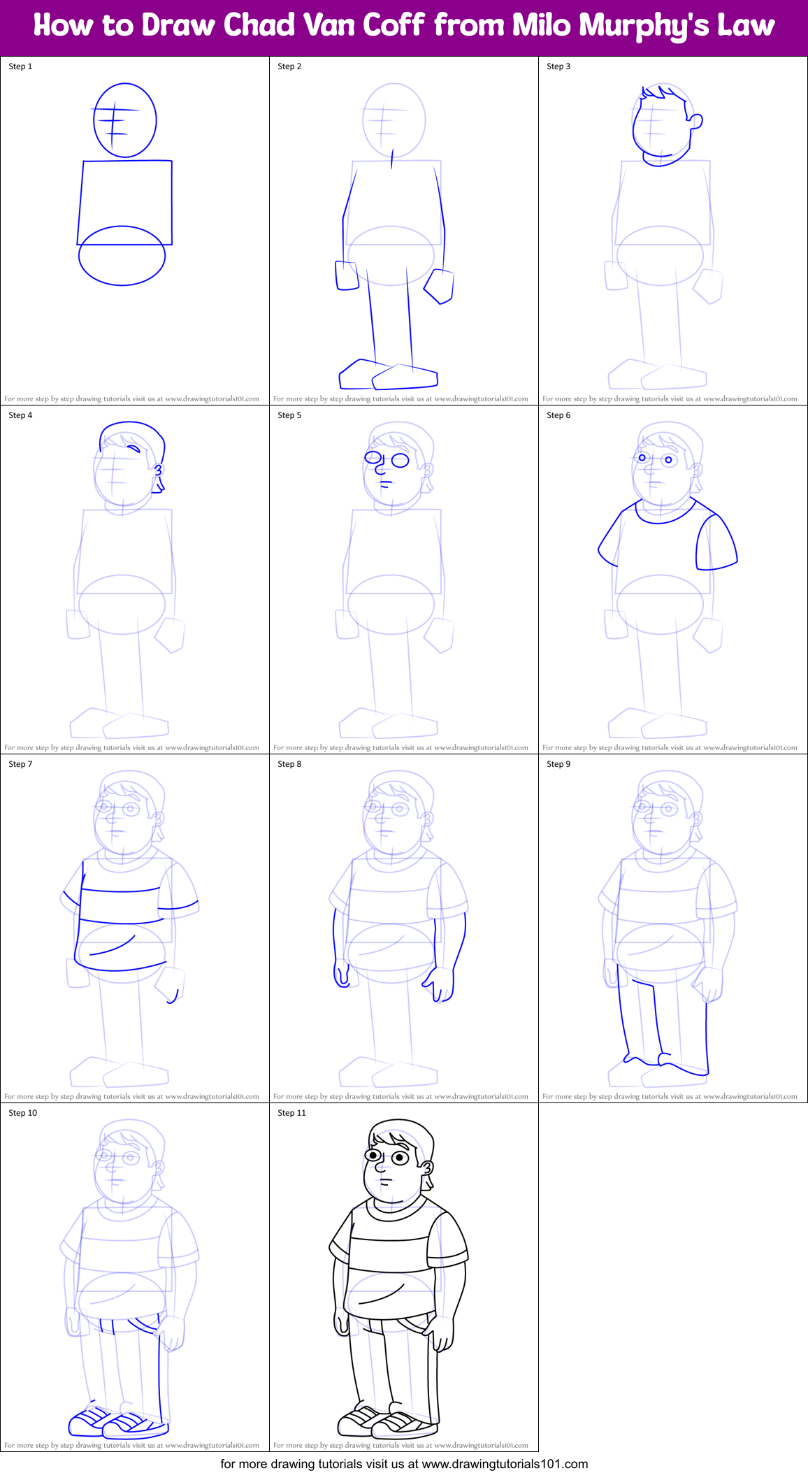 How to Draw Chad Van Coff from Milo Murphy's Law Printable Step by Step