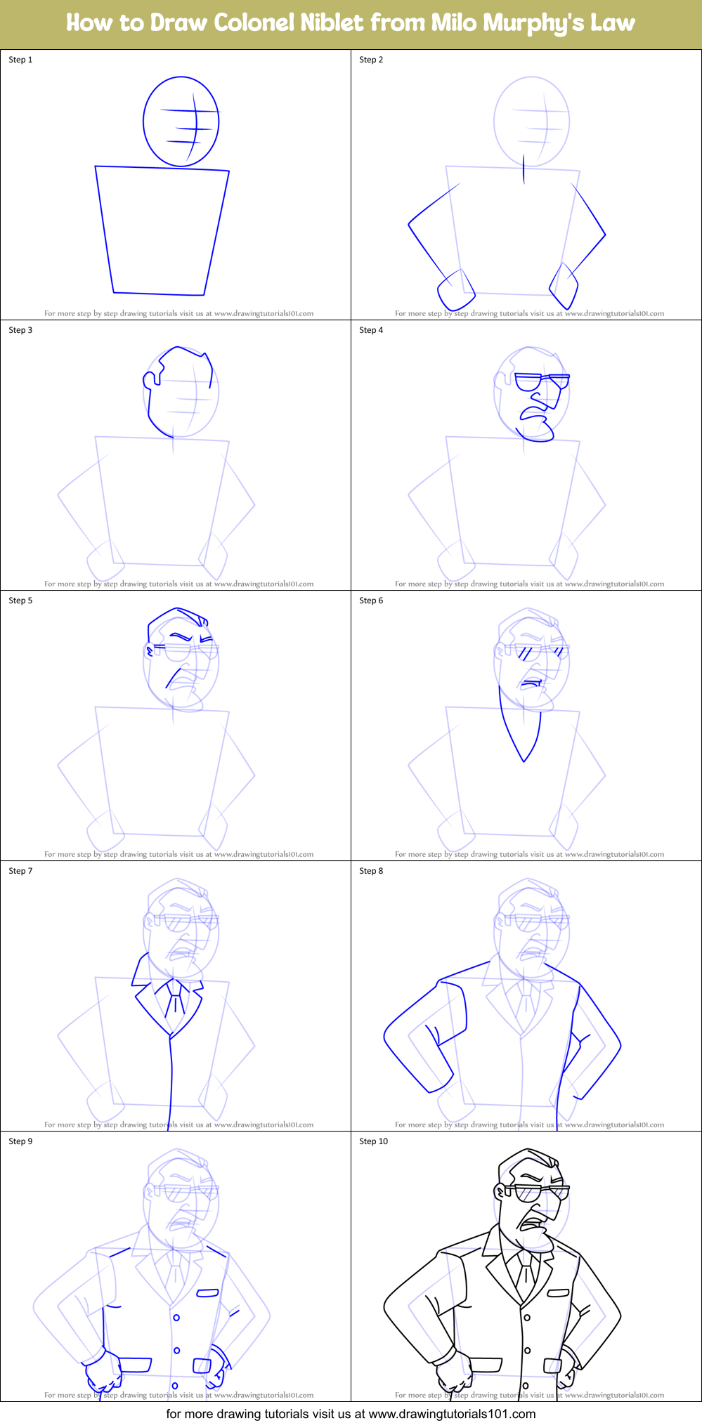 How to Draw Colonel Niblet from Milo Murphy's Law Printable Step by Step
