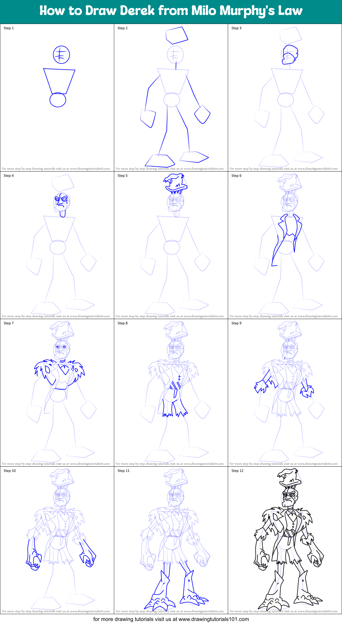 How to Draw Derek from Milo Murphy's Law Printable Step by Step