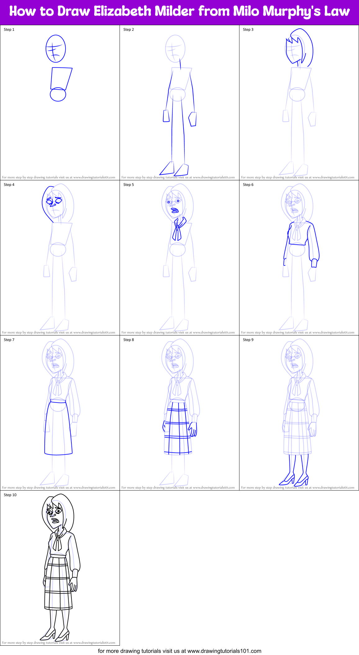 How to Draw Elizabeth Milder from Milo Murphy's Law Printable Step by Step