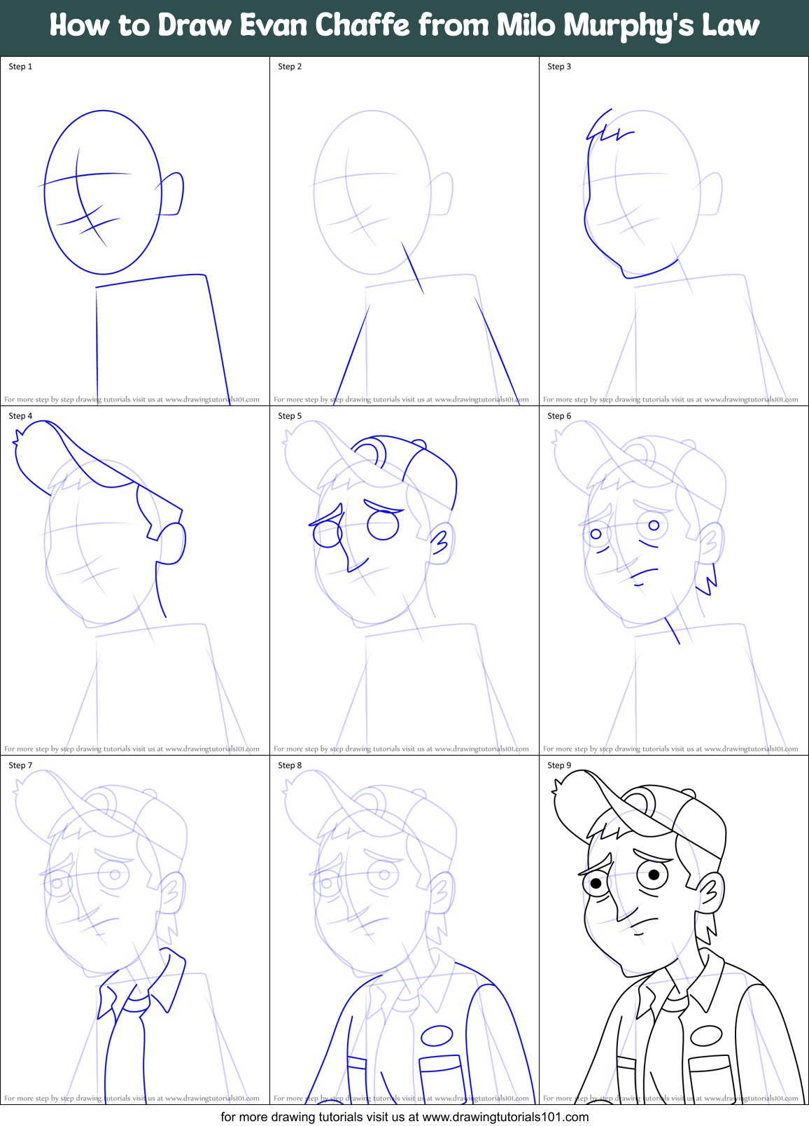 How to Draw Evan Chaffe from Milo Murphy's Law Printable Step by Step