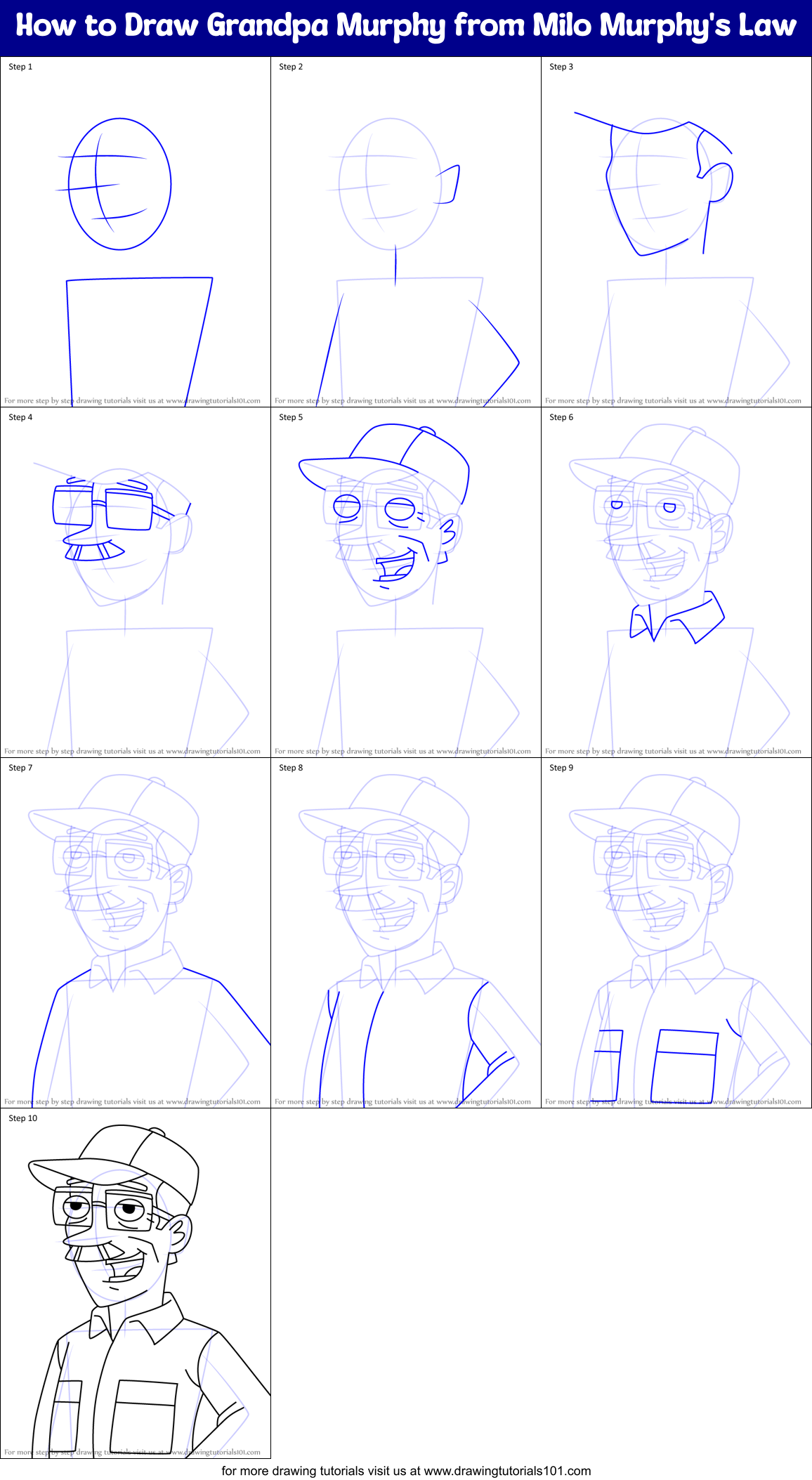 How to Draw Grandpa Murphy from Milo Murphy's Law Printable Step by Step