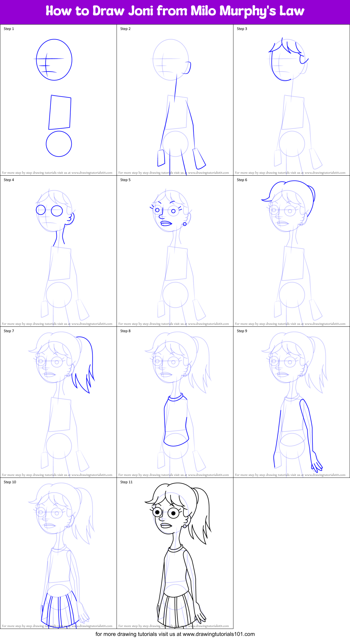 How to Draw Joni from Milo Murphy's Law Printable Step by Step