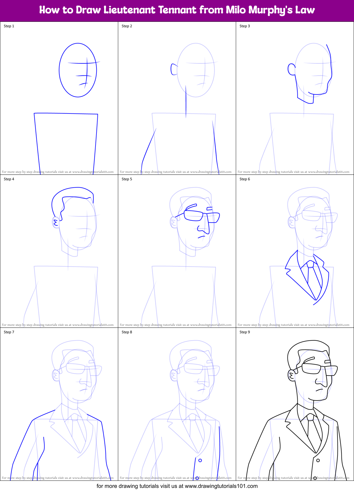 How to Draw Lieutenant Tennant from Milo Murphy's Law Printable Step by Step