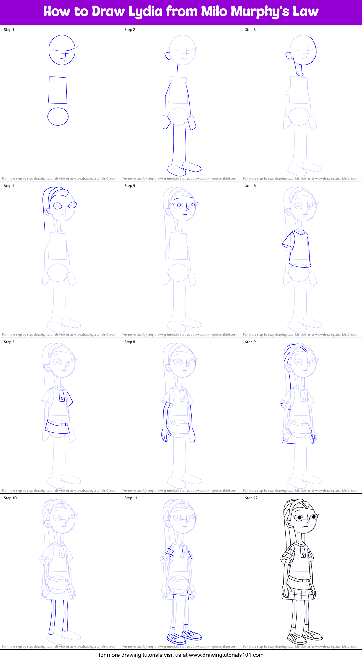 How to Draw Lydia from Milo Murphy's Law Printable Step by Step