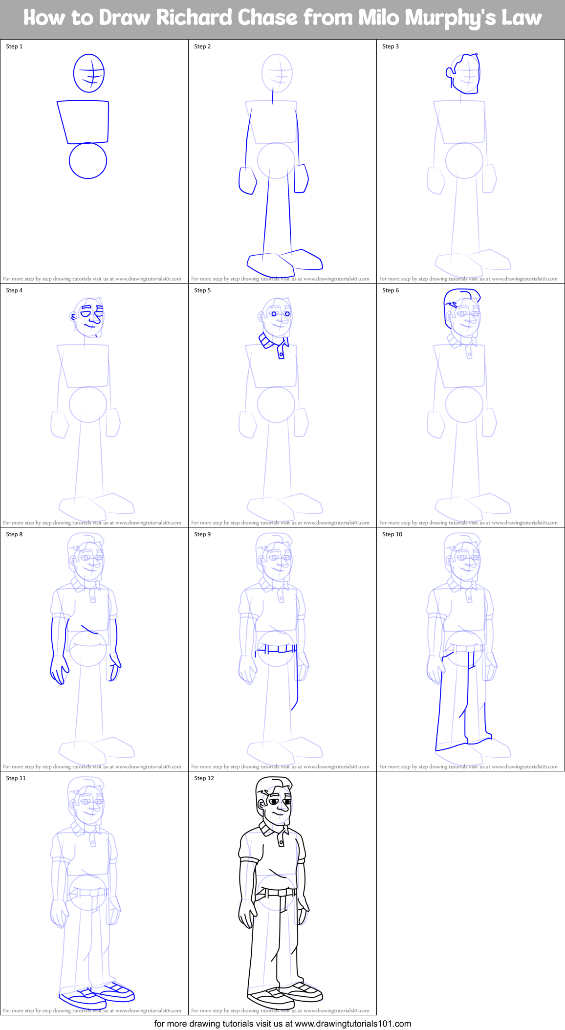 How to Draw Richard Chase from Milo Murphy's Law Printable Step by Step
