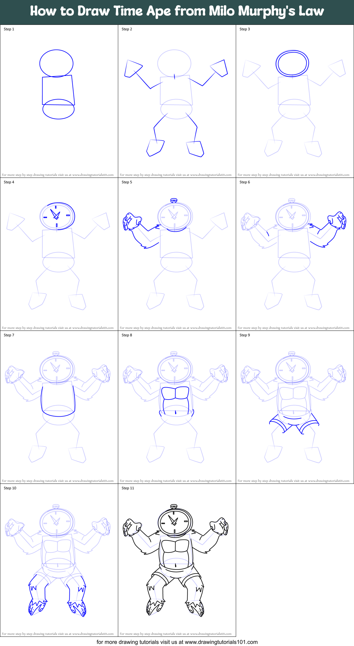 How to Draw Time Ape from Milo Murphy's Law Printable Step by Step