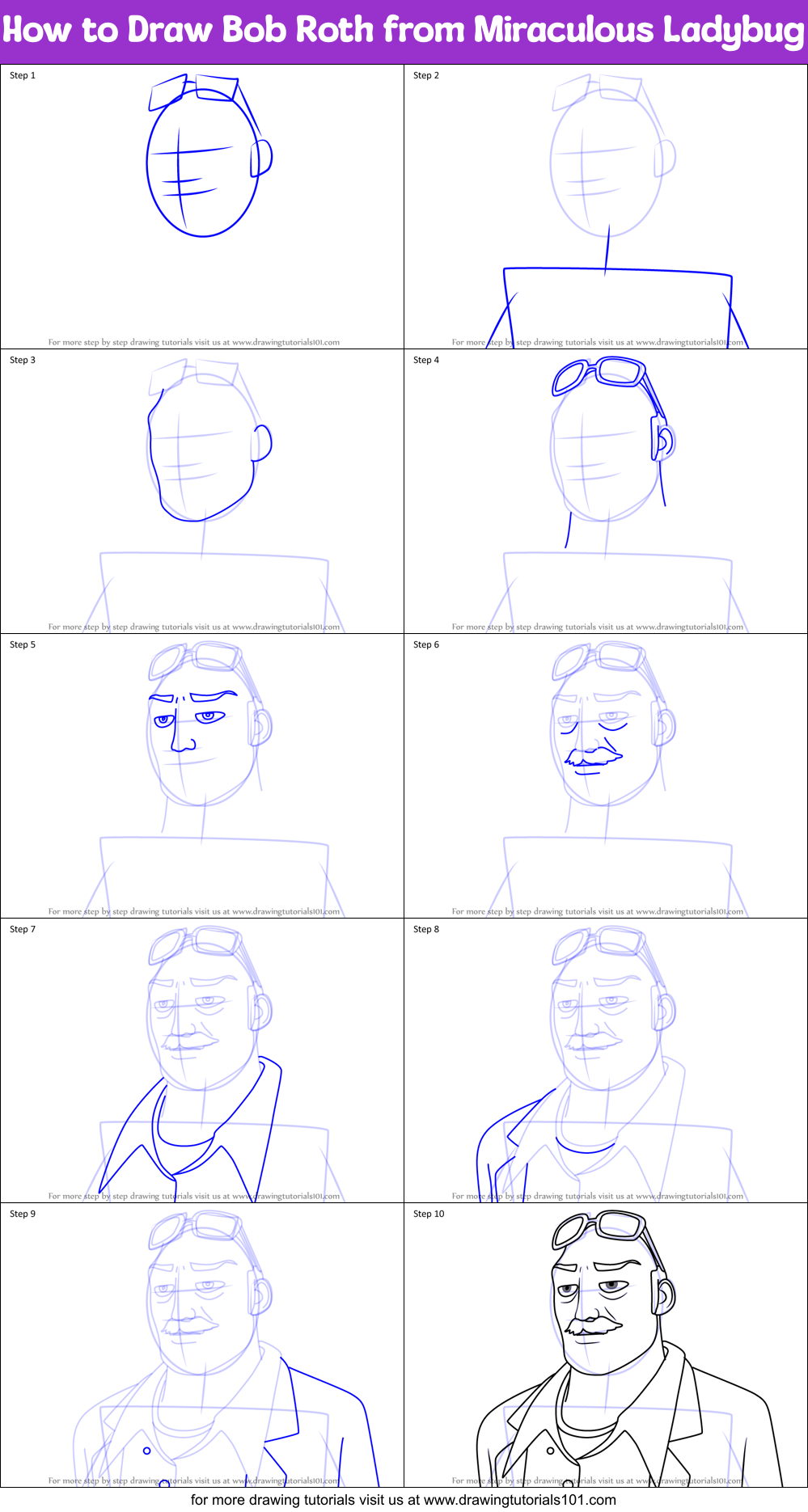 How to Draw Bob Roth from Miraculous Ladybug Printable Step by Step