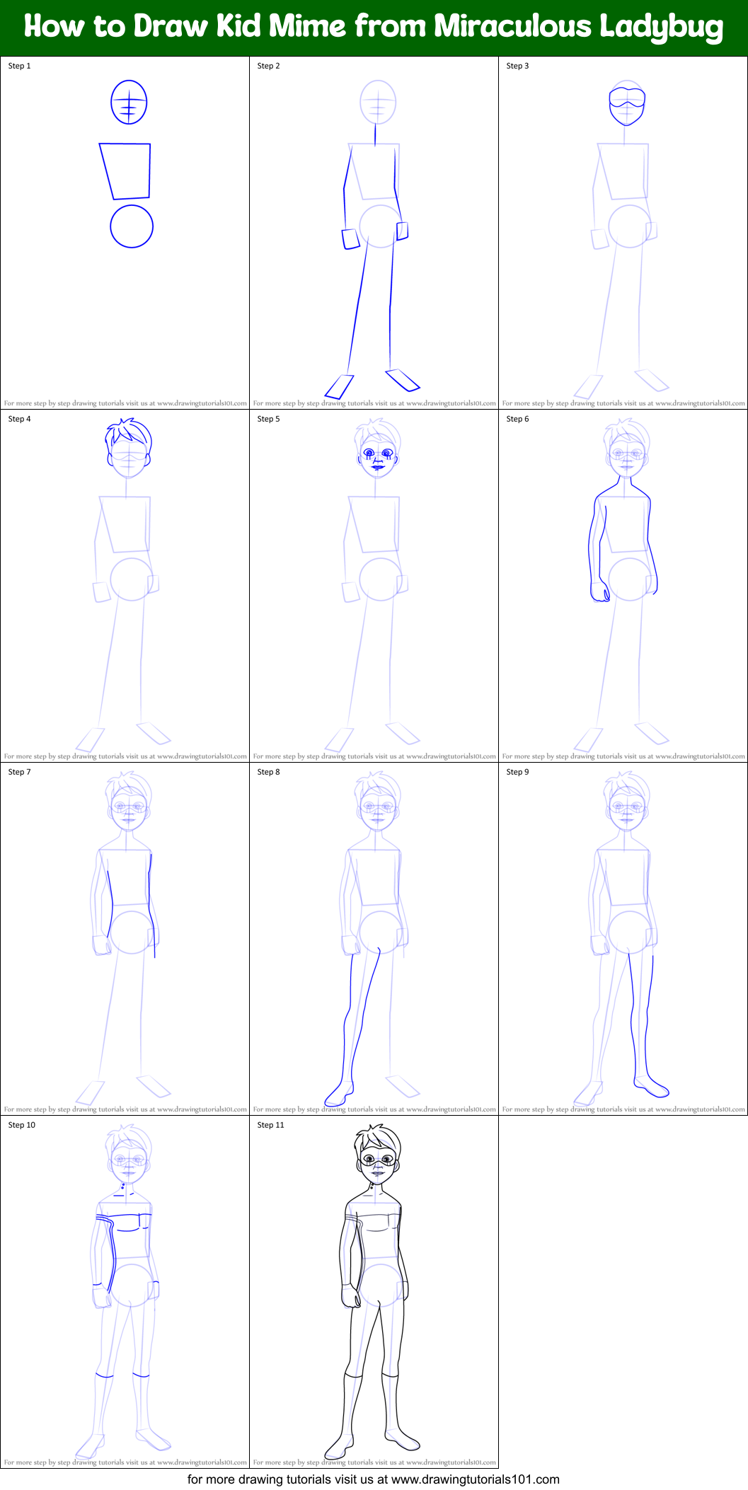 How to Draw Kid Mime from Miraculous Ladybug Printable Step by Step