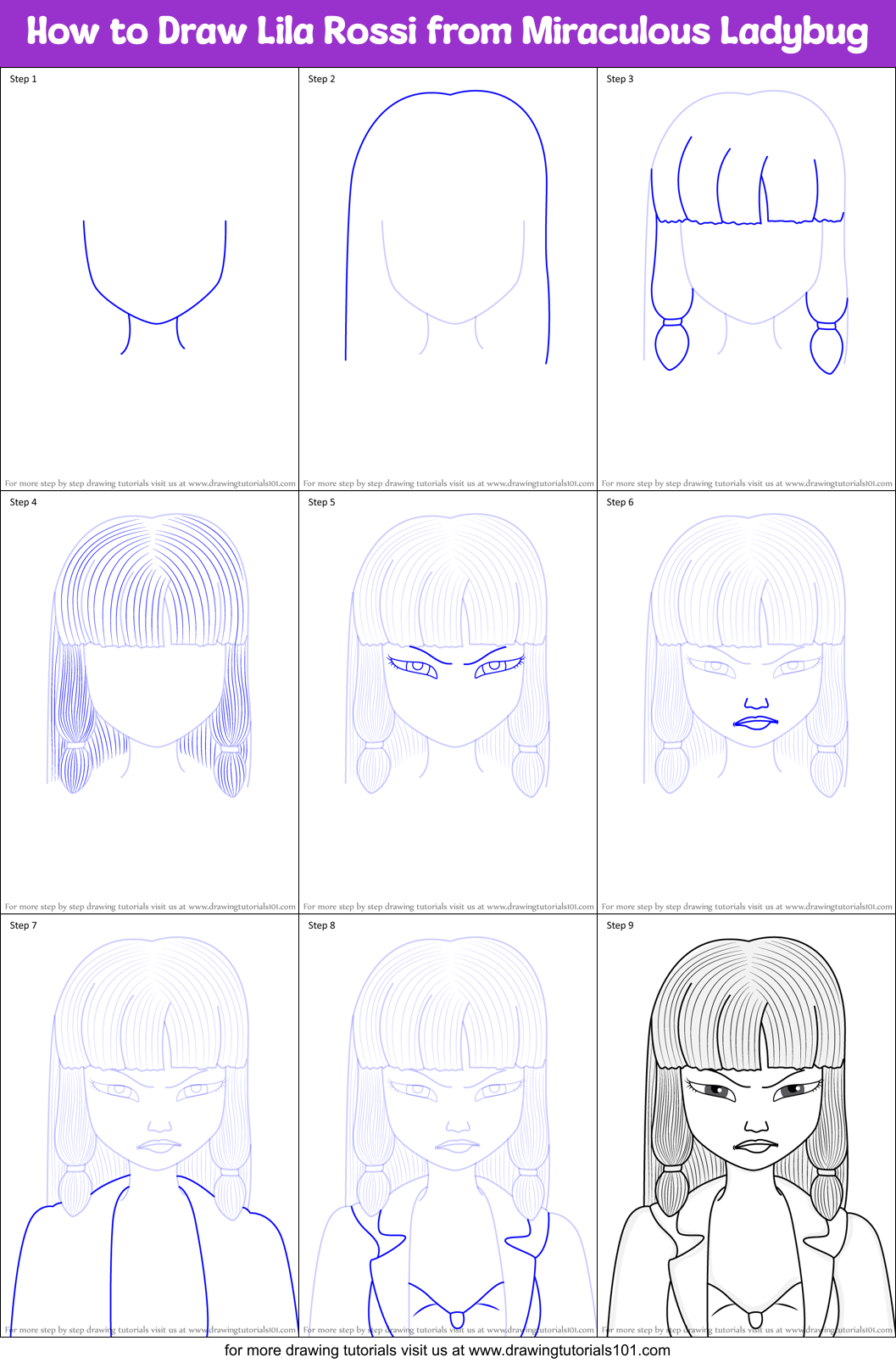 How to Draw Lila Rossi from Miraculous Ladybug Printable Step by Step