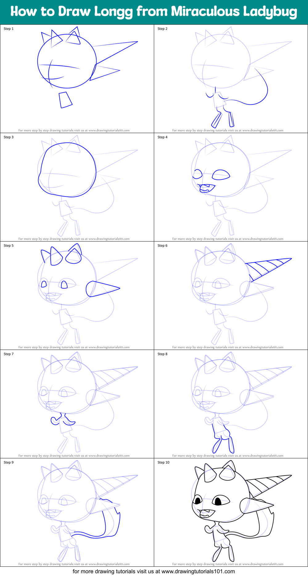 How to Draw Longg from Miraculous Ladybug Printable Step by Step