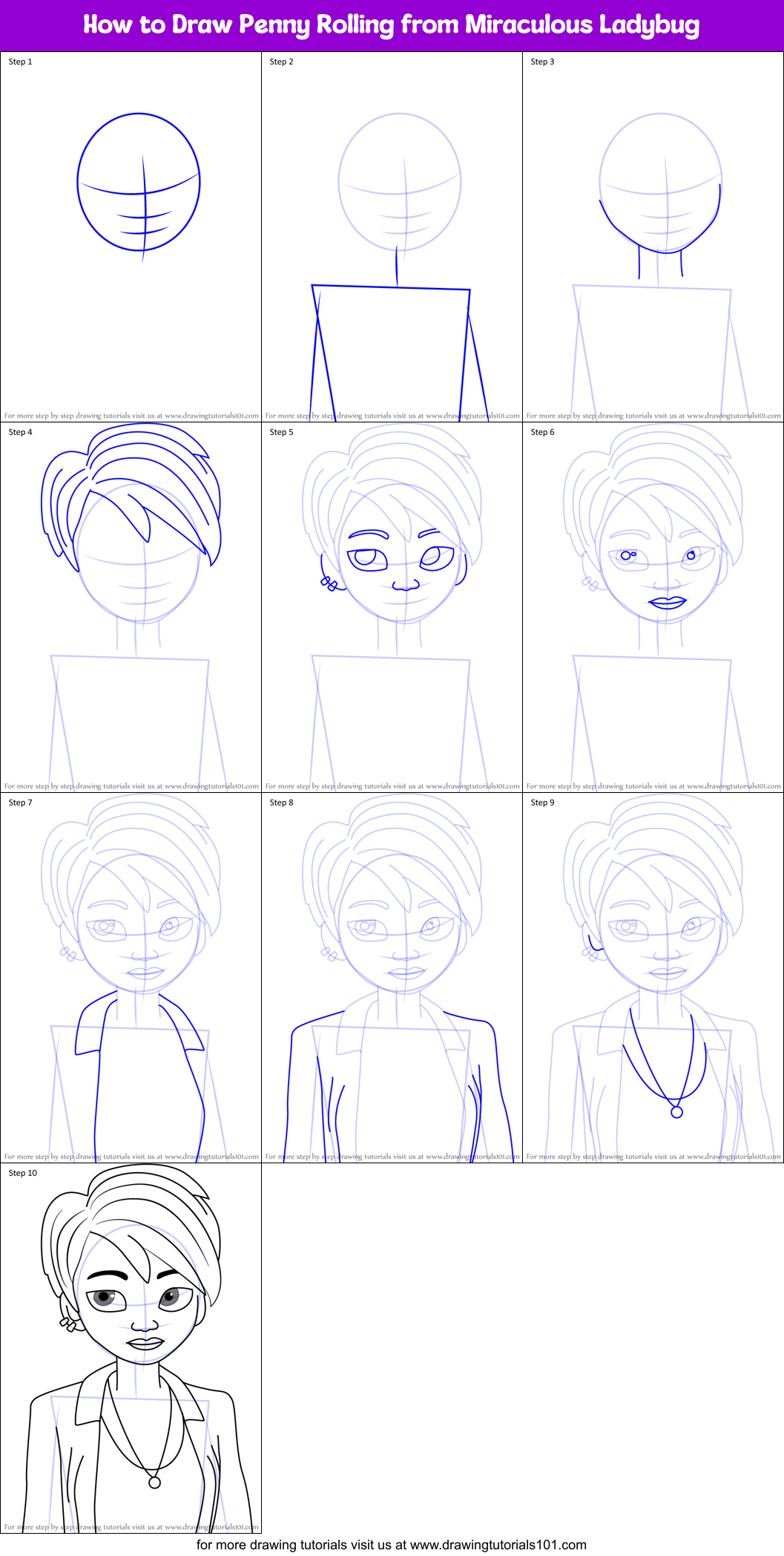 How to Draw Penny Rolling from Miraculous Ladybug Printable Step by Step