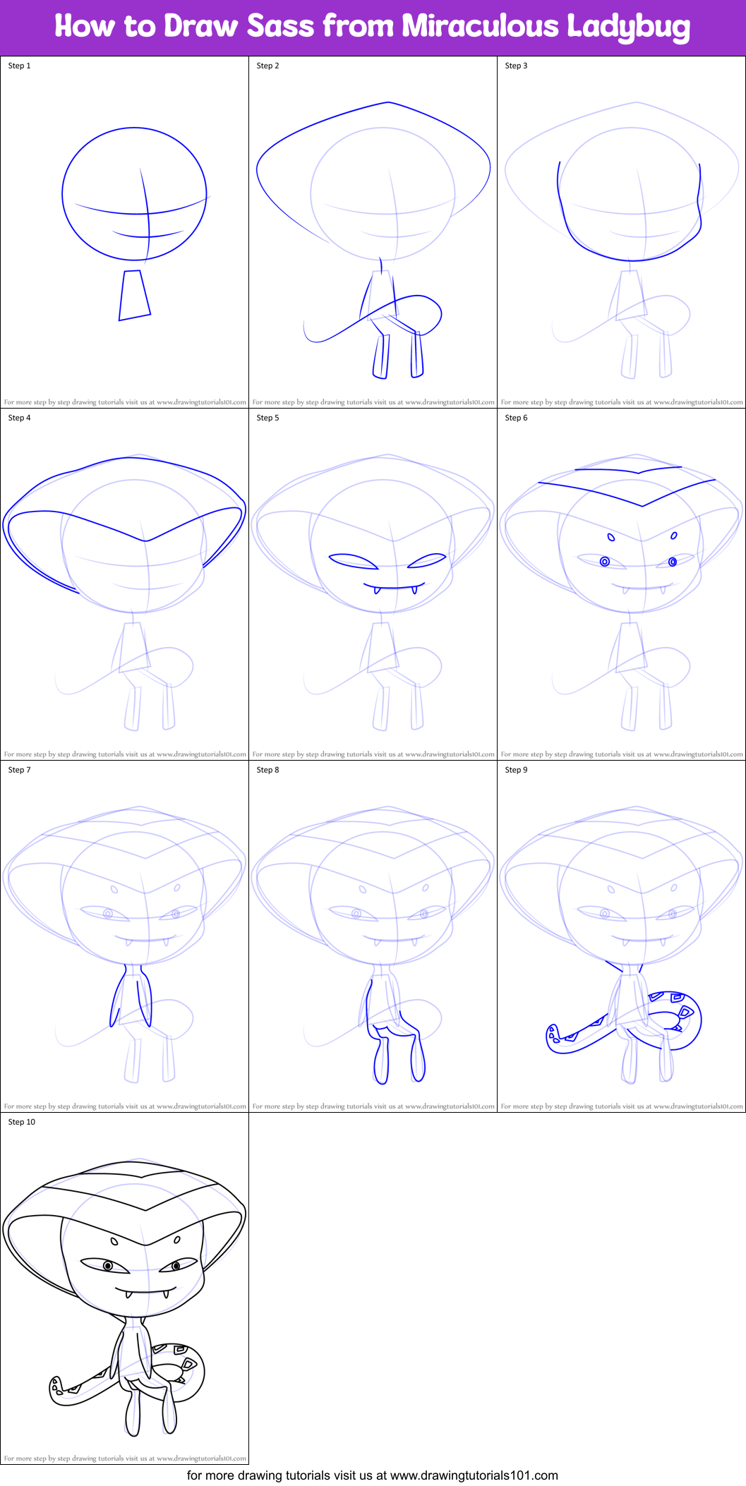 How to Draw Sass from Miraculous Ladybug Printable Step by Step