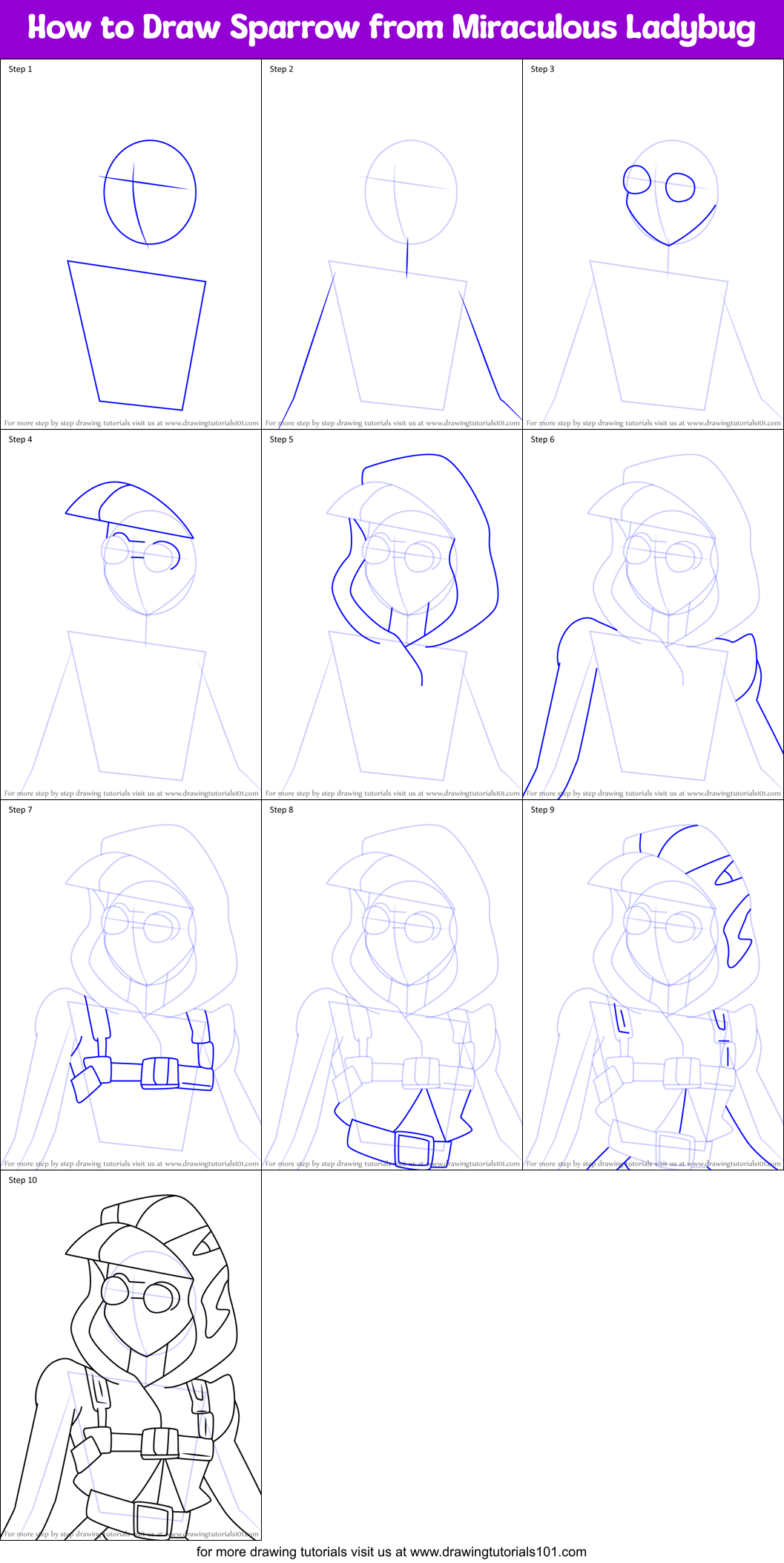 How to Draw Sparrow from Miraculous Ladybug Printable Step by Step