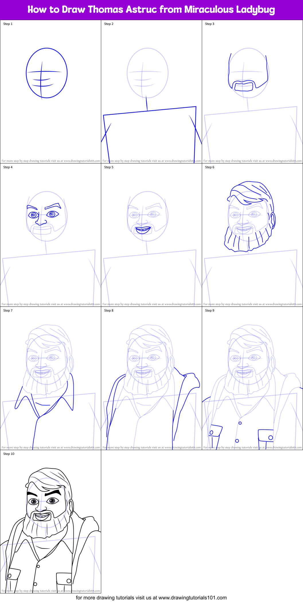 How to Draw Thomas Astruc from Miraculous Ladybug Printable Step by Step