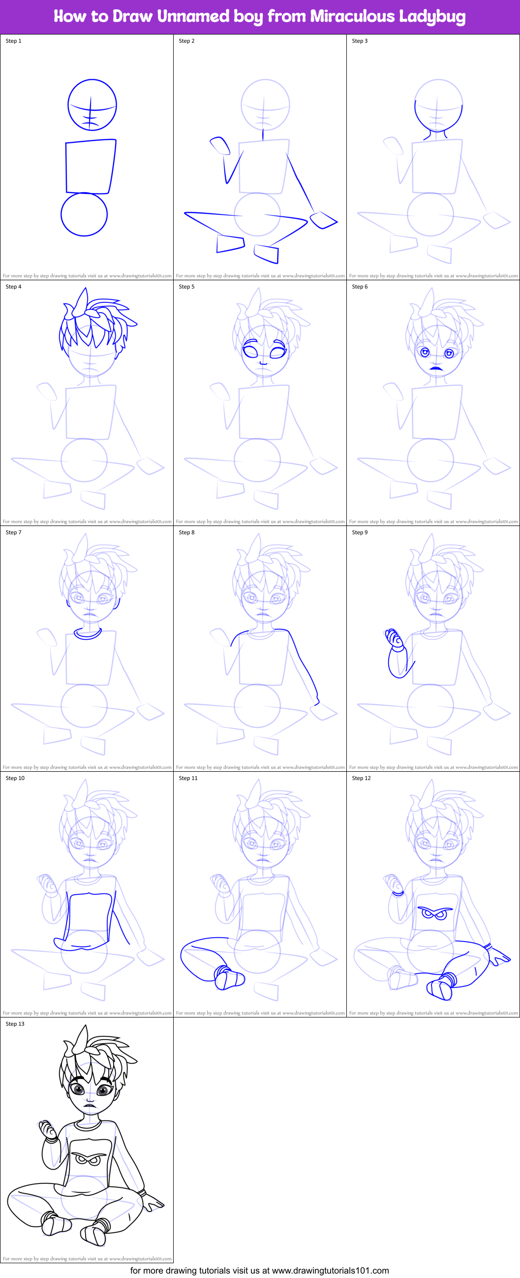 How to Draw Unnamed boy from Miraculous Ladybug Printable Step by Step