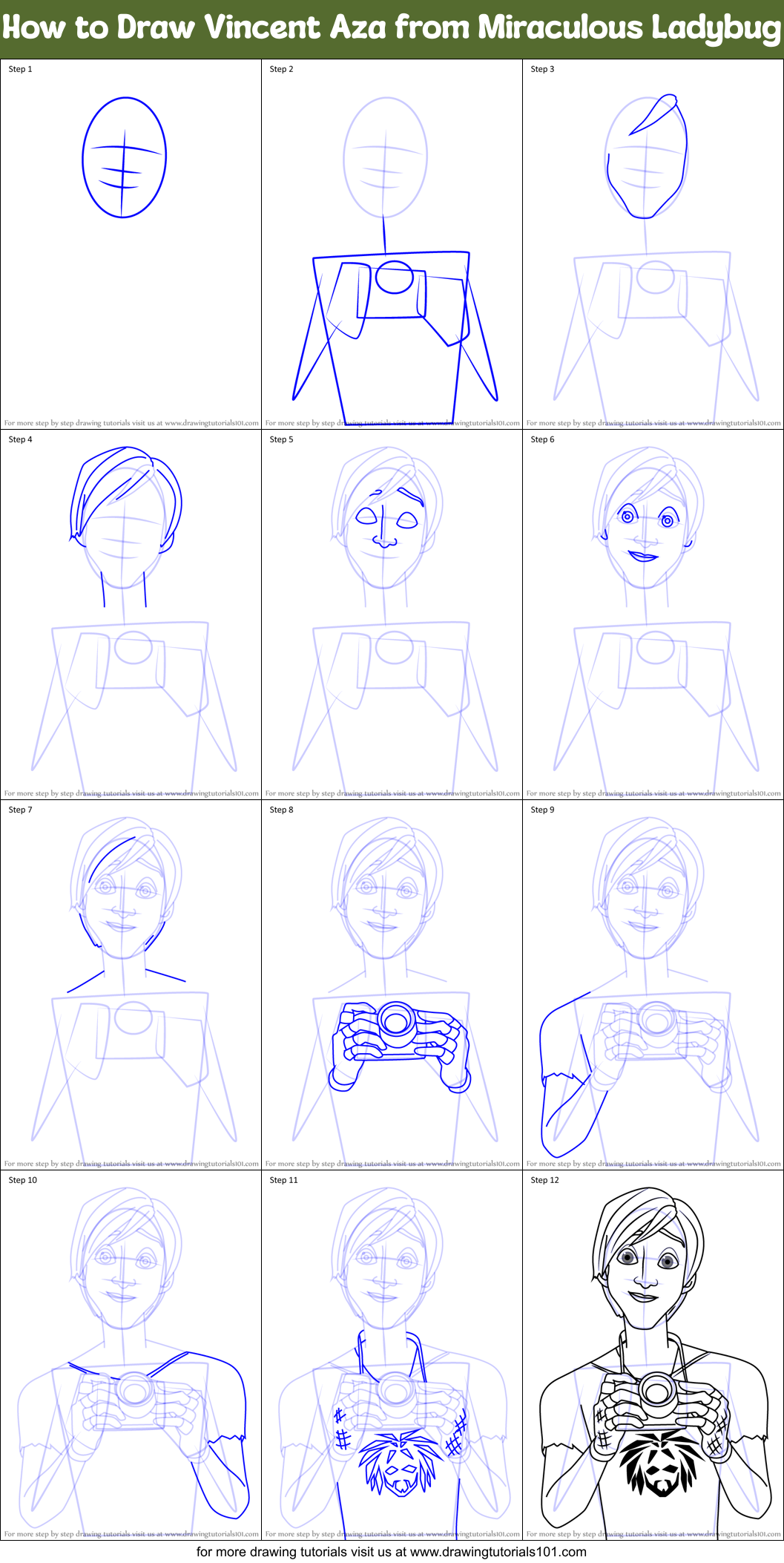 How to Draw Vincent Aza from Miraculous Ladybug Printable Step by Step