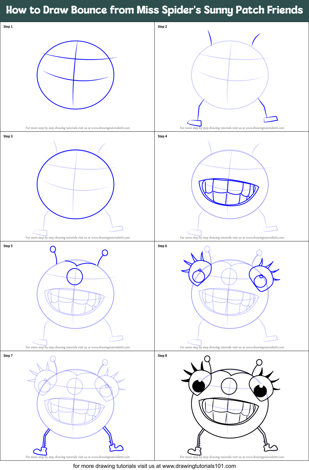 How to Draw Bounce from Miss Spider's Sunny Patch Friends Printable Step by Step