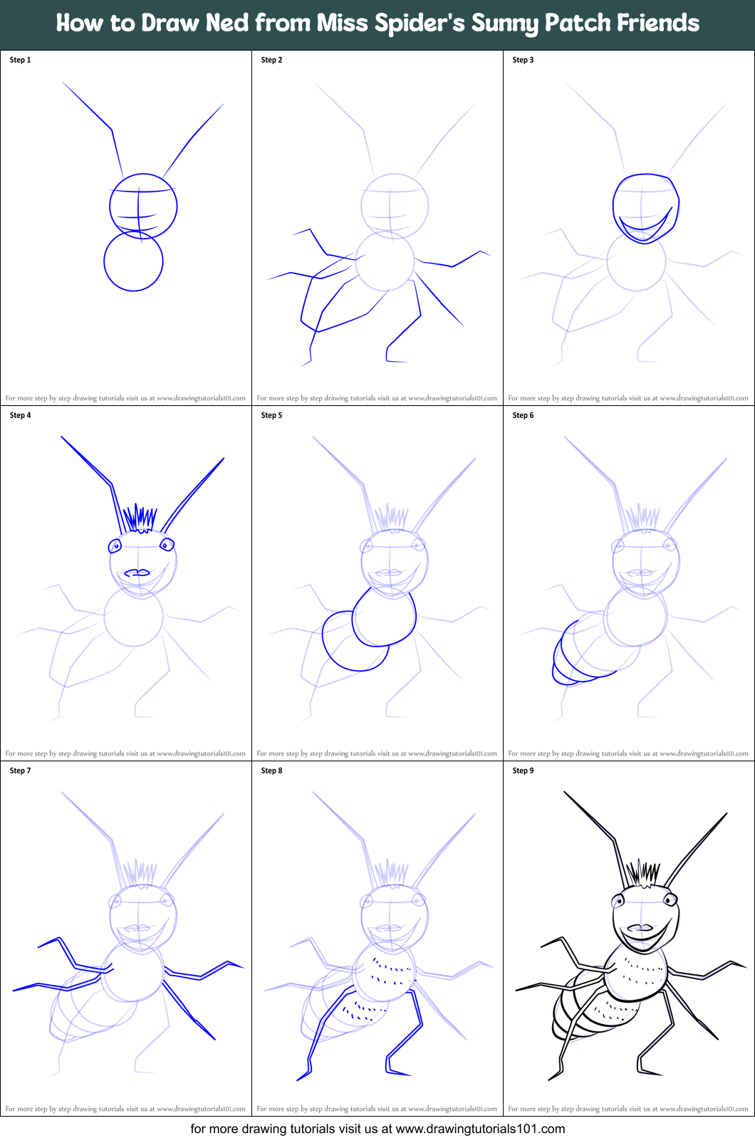 How to Draw Ned from Miss Spider's Sunny Patch Friends Printable Step by Step