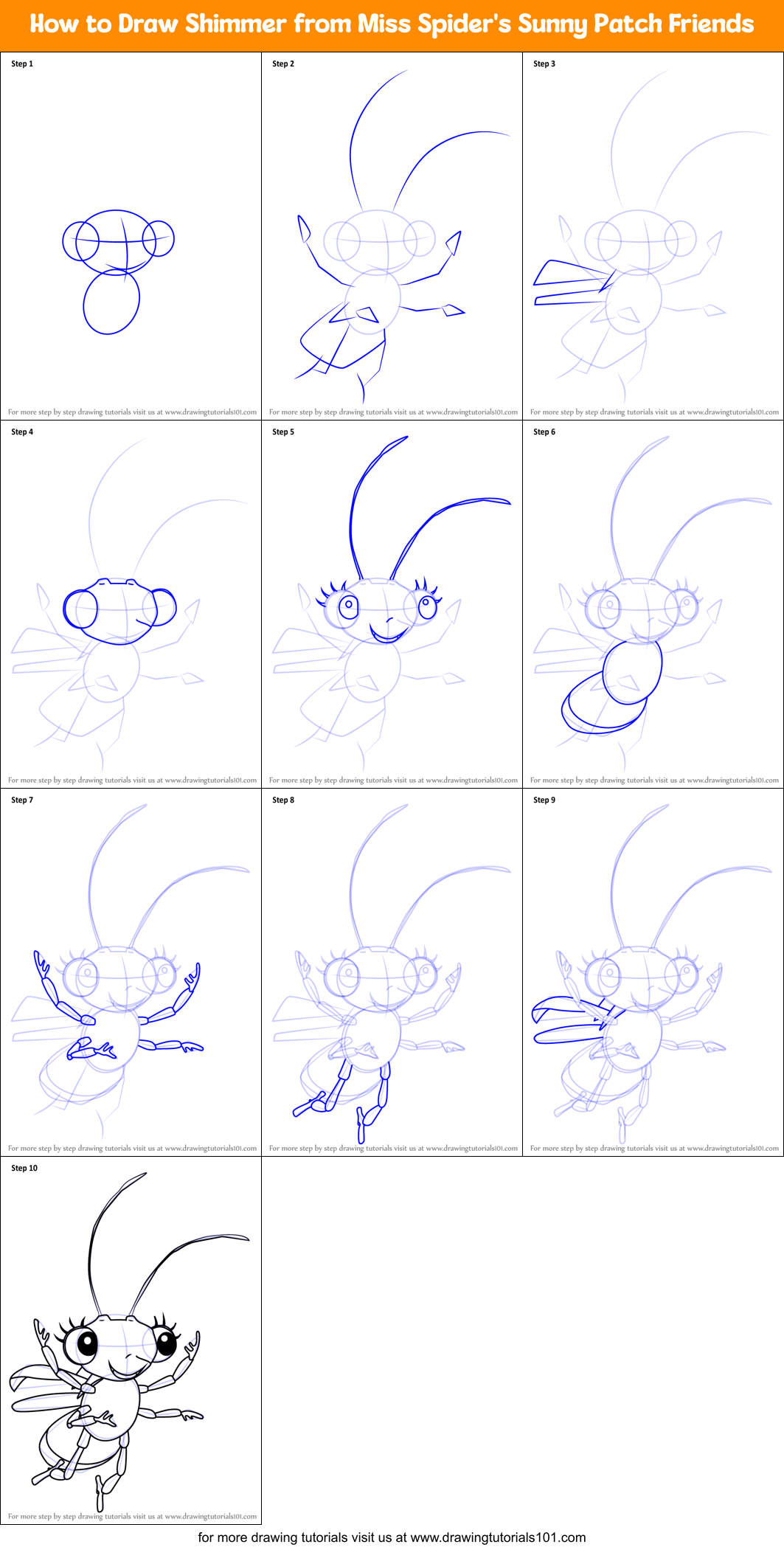 How to Draw Shimmer from Miss Spider's Sunny Patch Friends Printable Step by Step