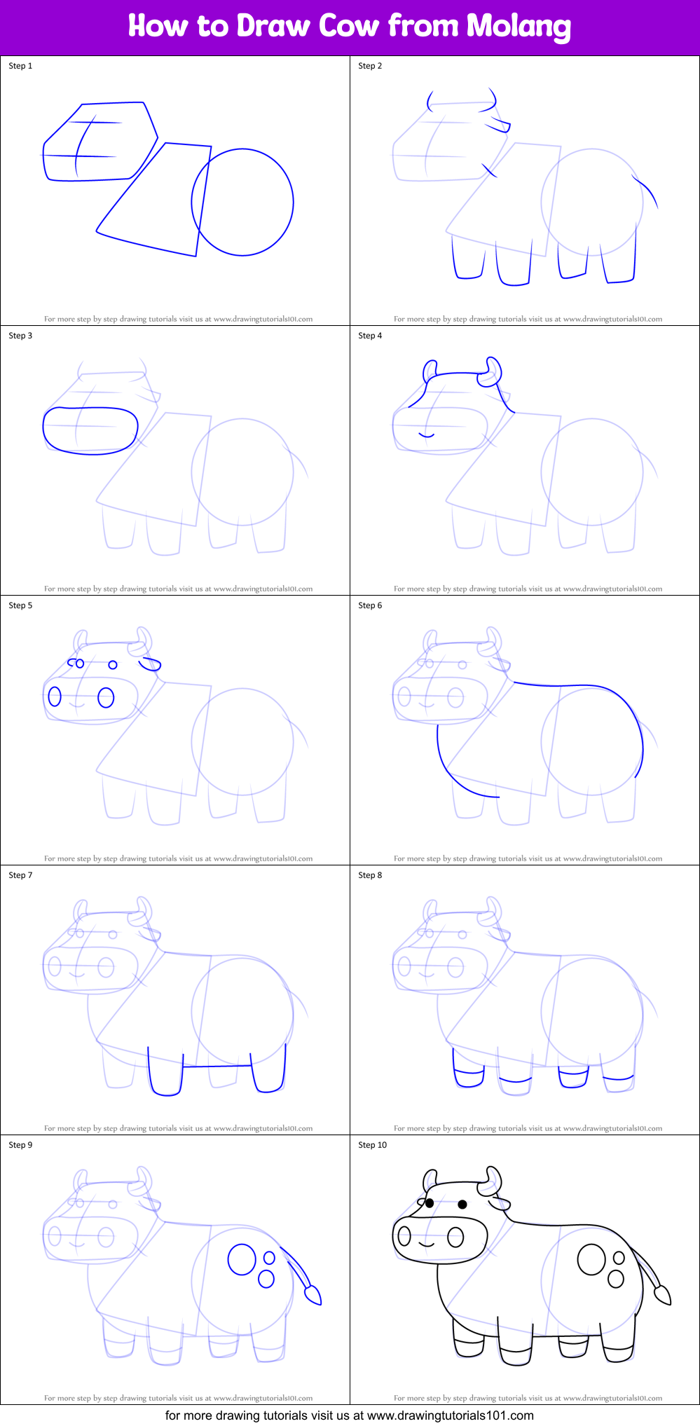 How to Draw Cow from Molang Printable Step by Step