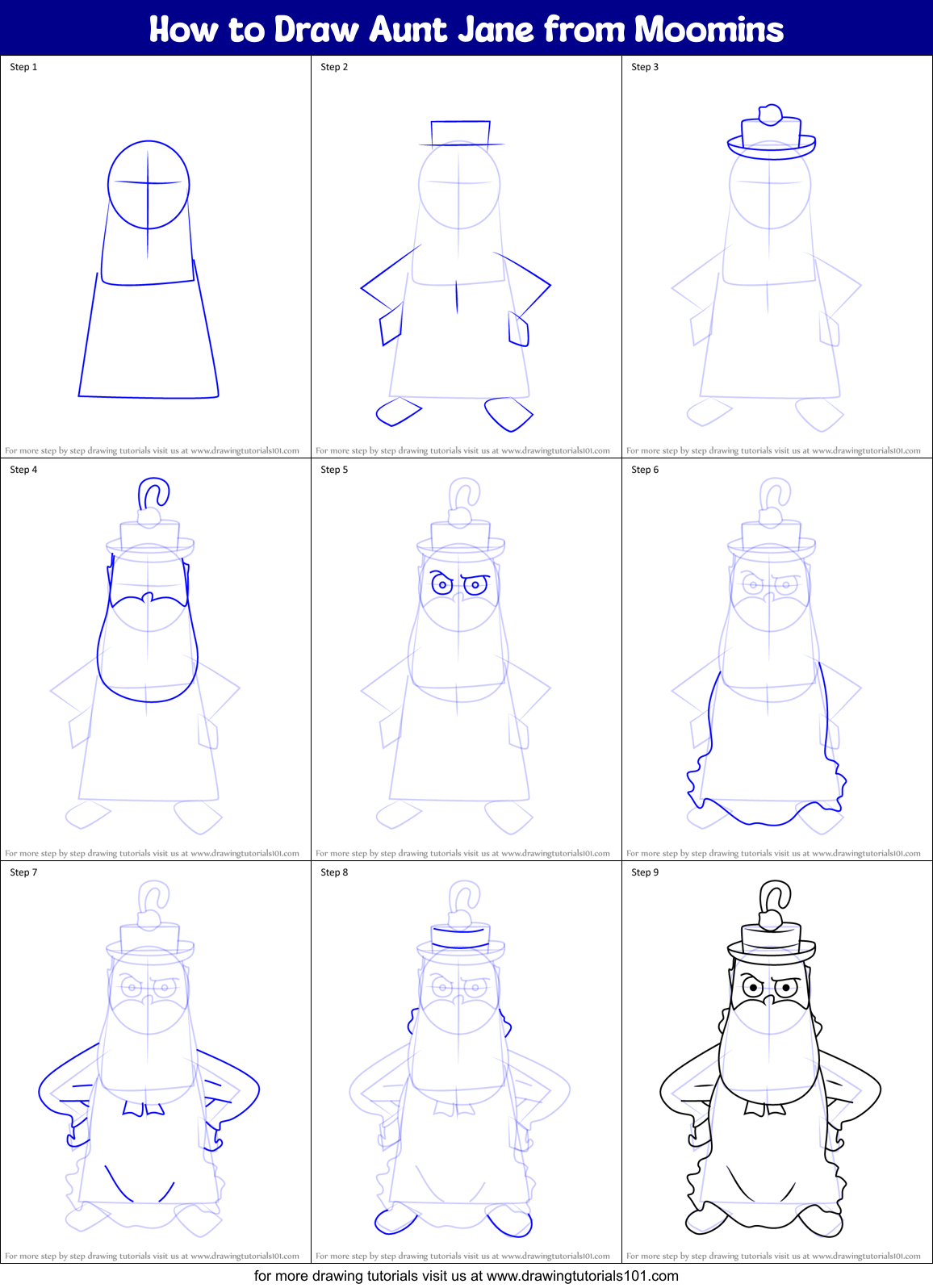 How to Draw Aunt Jane from Moomins Printable Step by Step