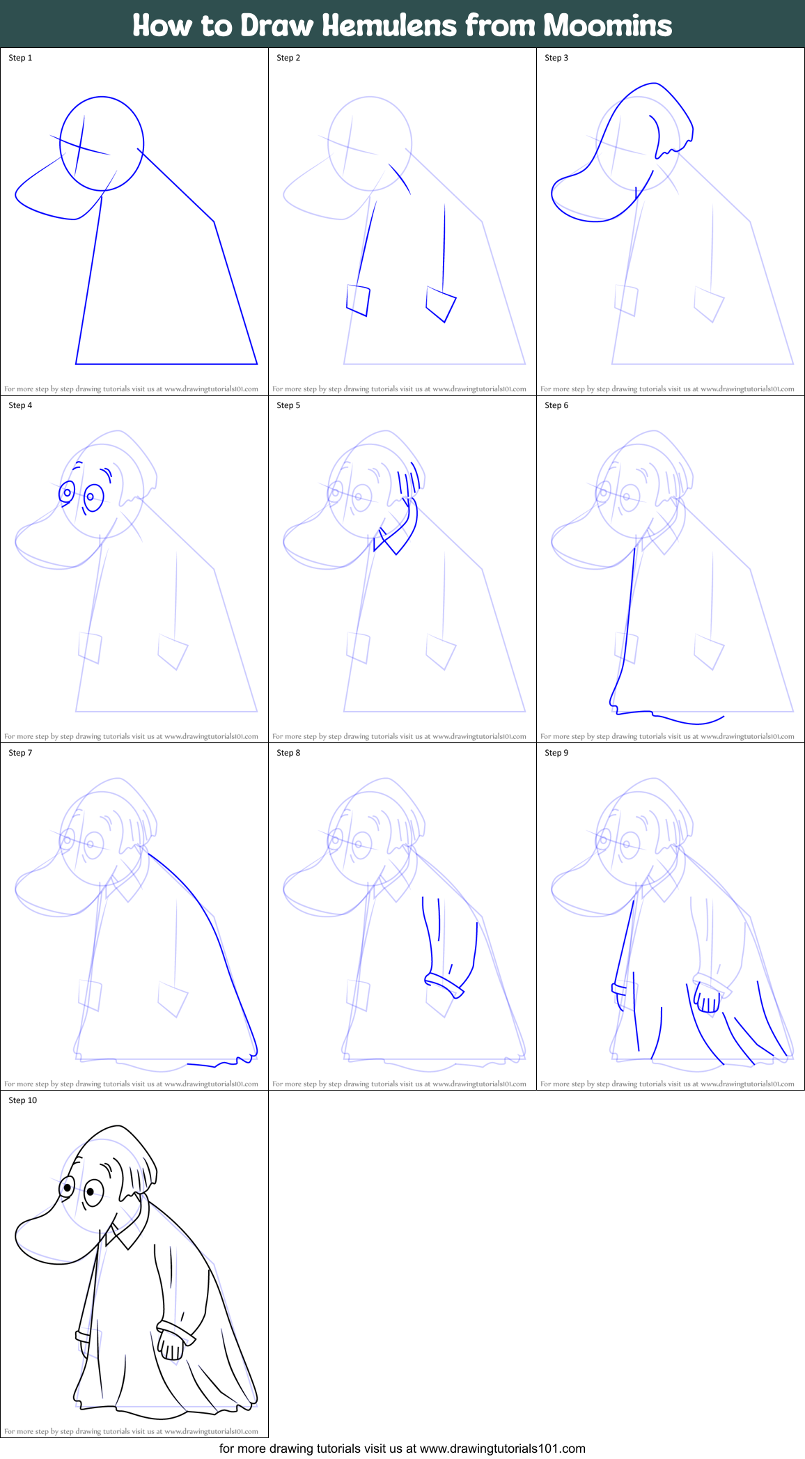 How to Draw Hemulens from Moomins Printable Step by Step