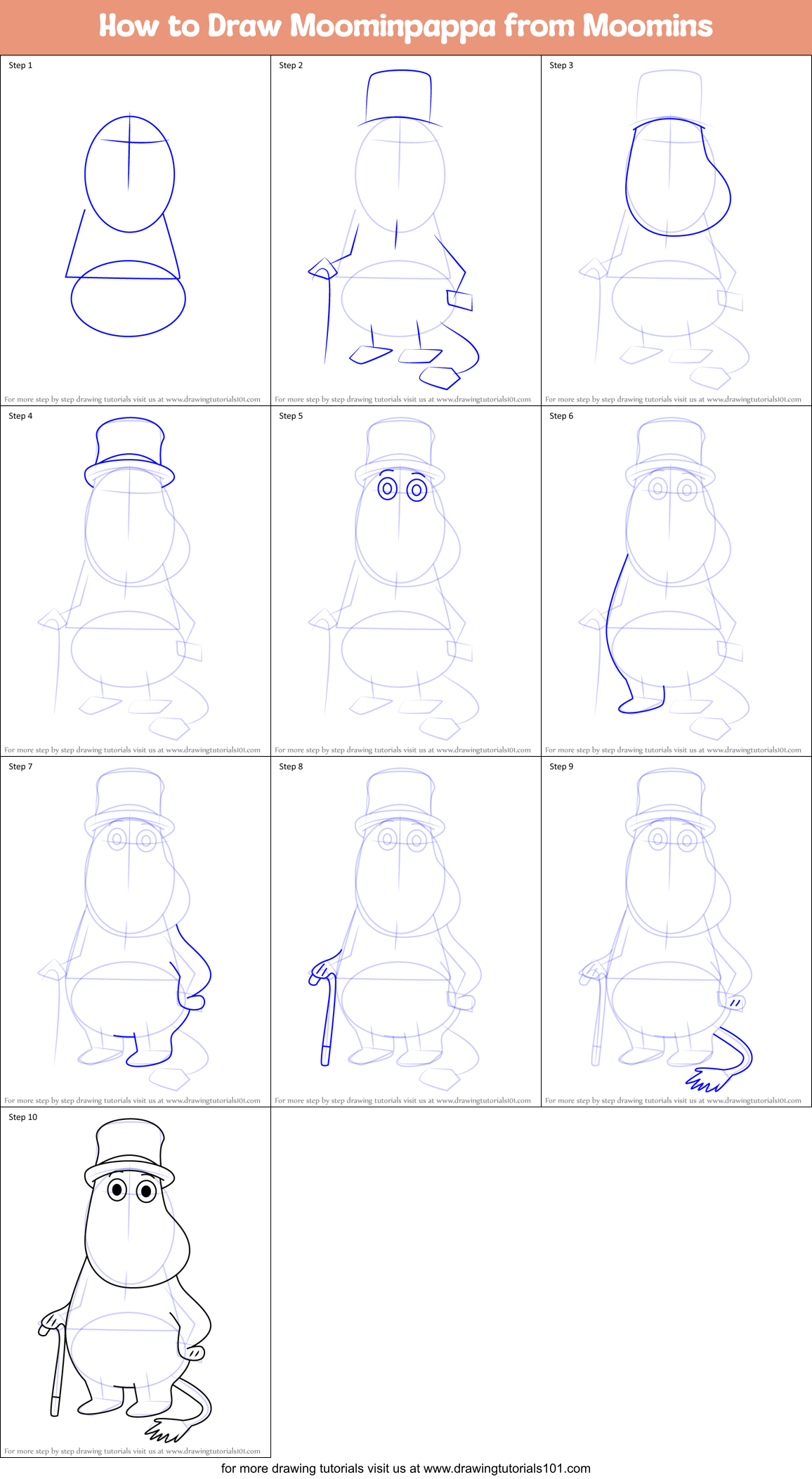 How to Draw Moominpappa from Moomins Printable Step by Step