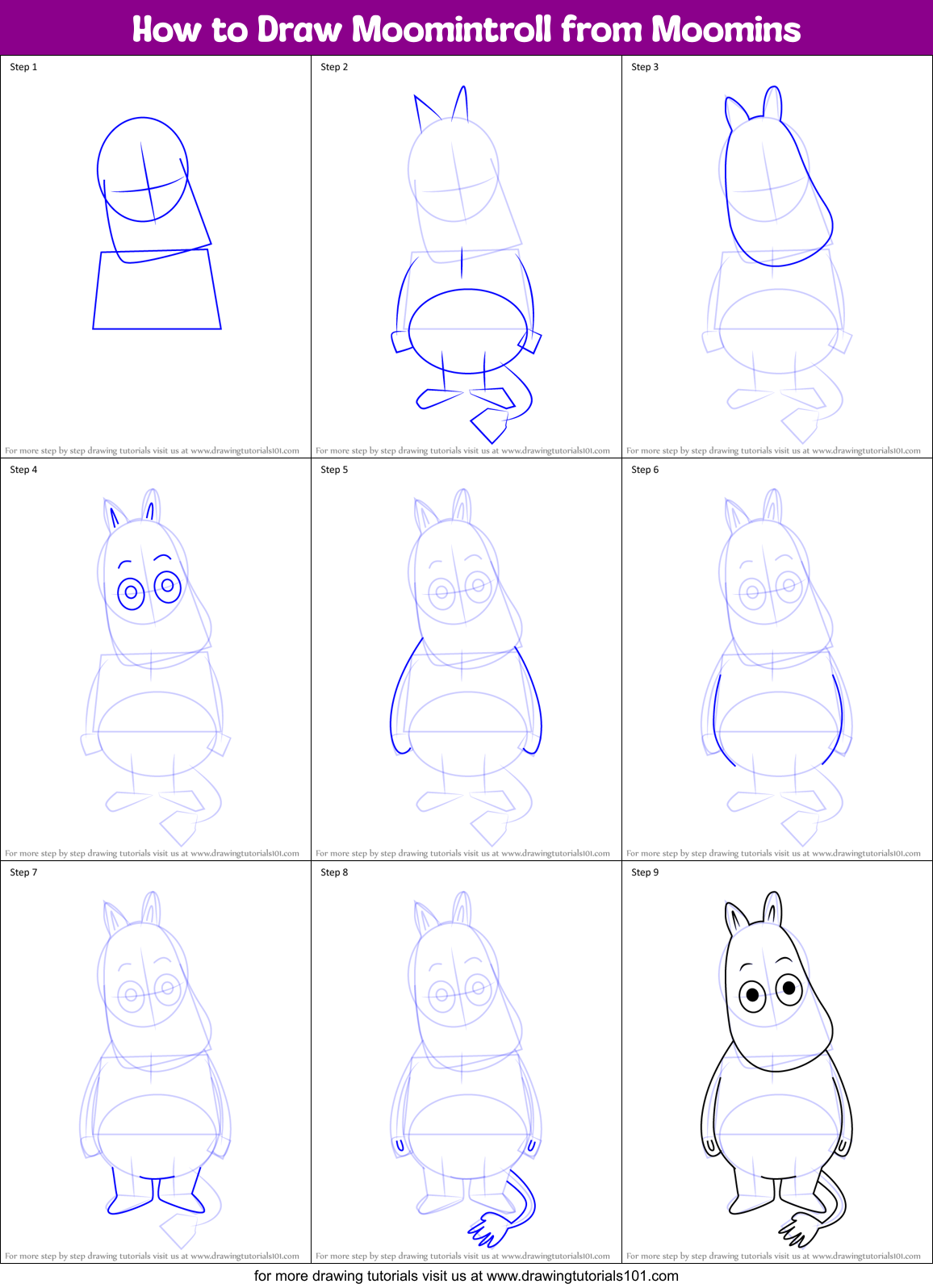 How to Draw Moomintroll from Moomins Printable Step by Step