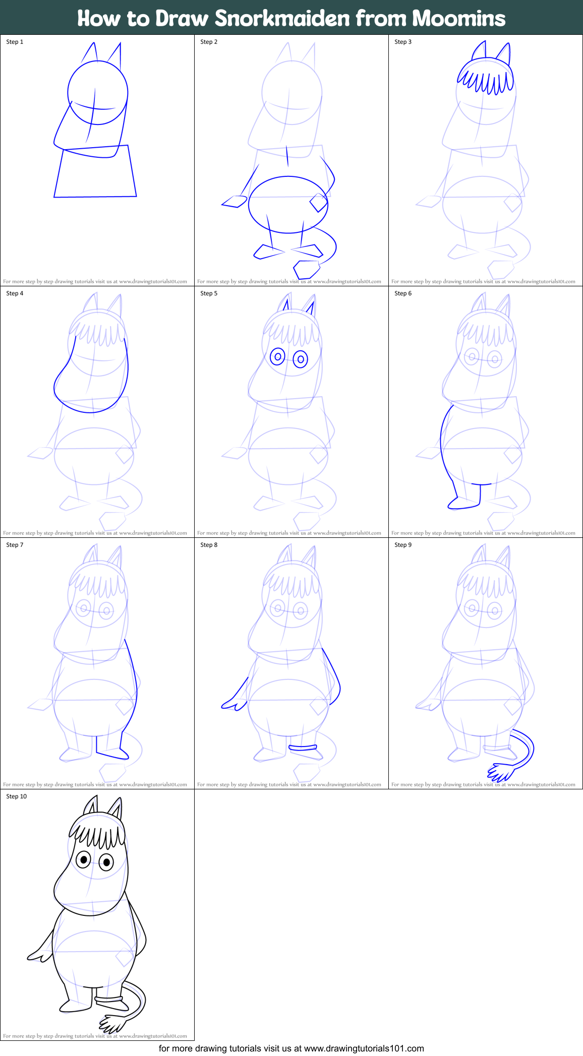How to Draw Snorkmaiden from Moomins Printable Step by Step
