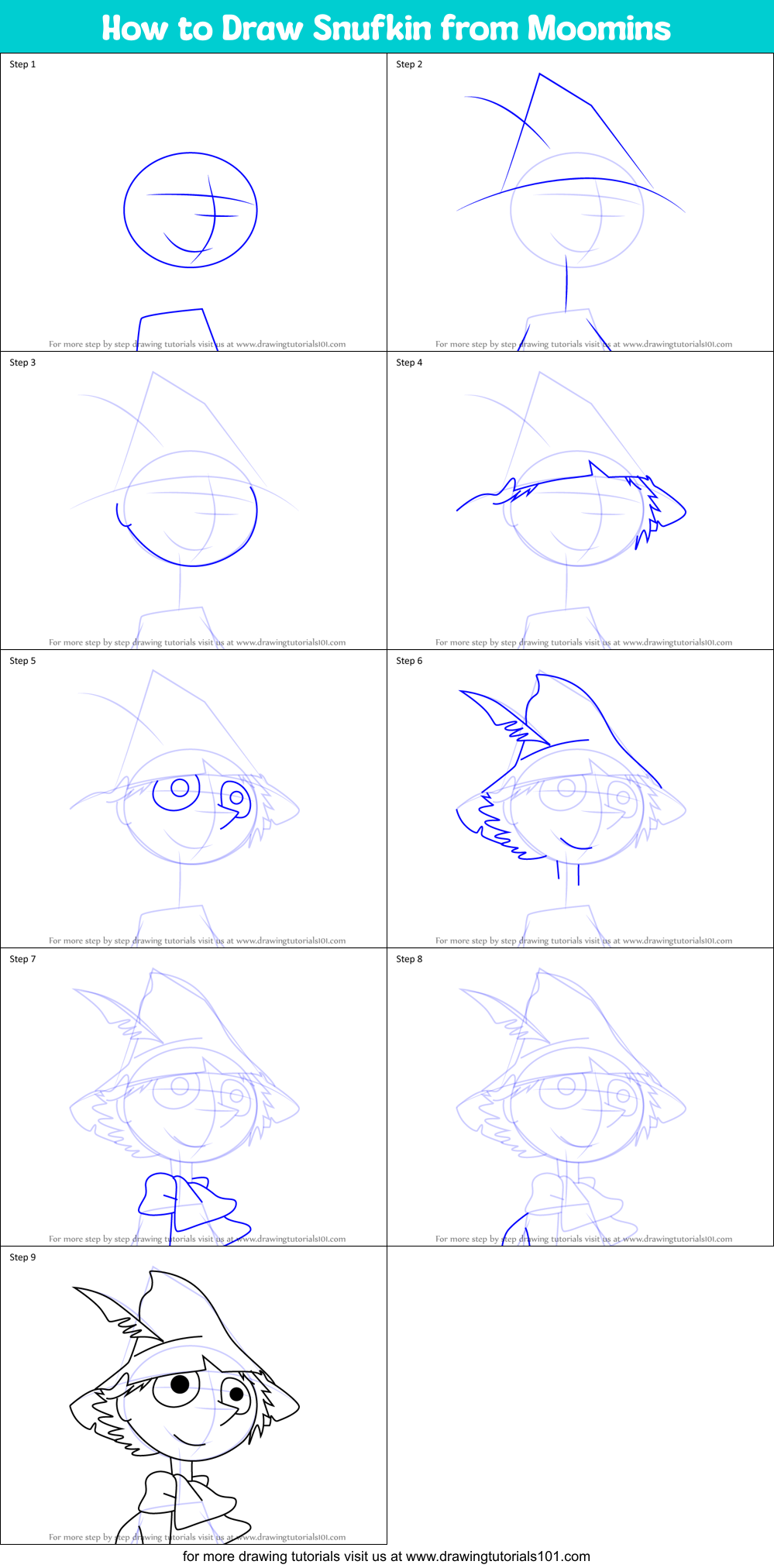 How to Draw Snufkin from Moomins Printable Step by Step