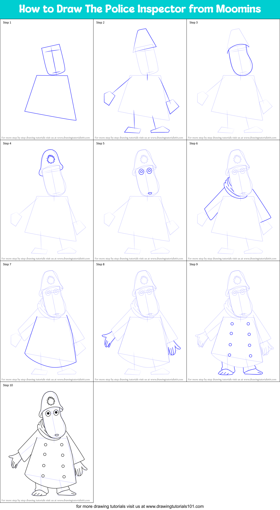 How to Draw The Police Inspector from Moomins Printable Step by Step