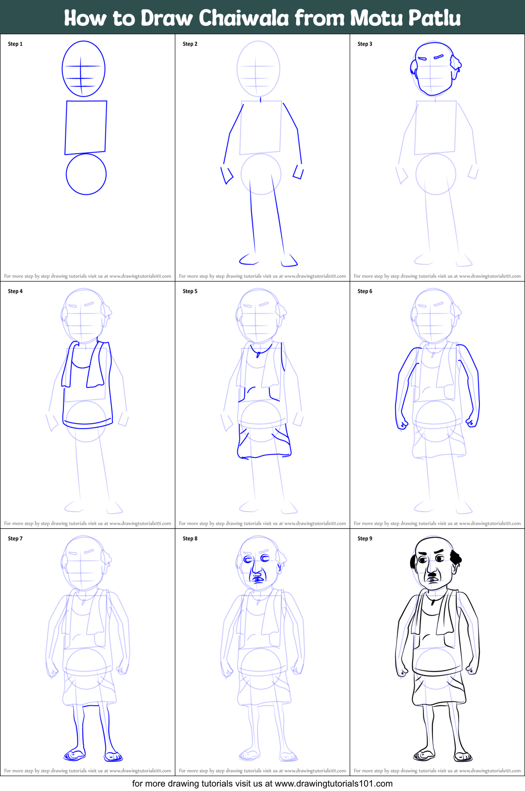 How to Draw Chaiwala from Motu Patlu Printable Step by Step