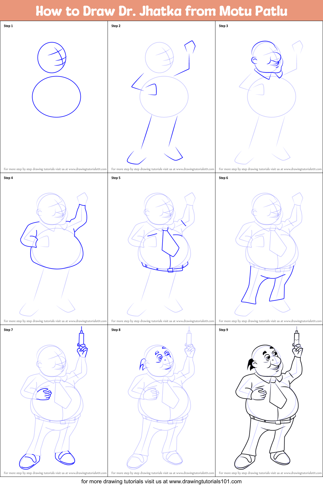 How to Draw Dr. Jhatka from Motu Patlu Printable Step by Step
