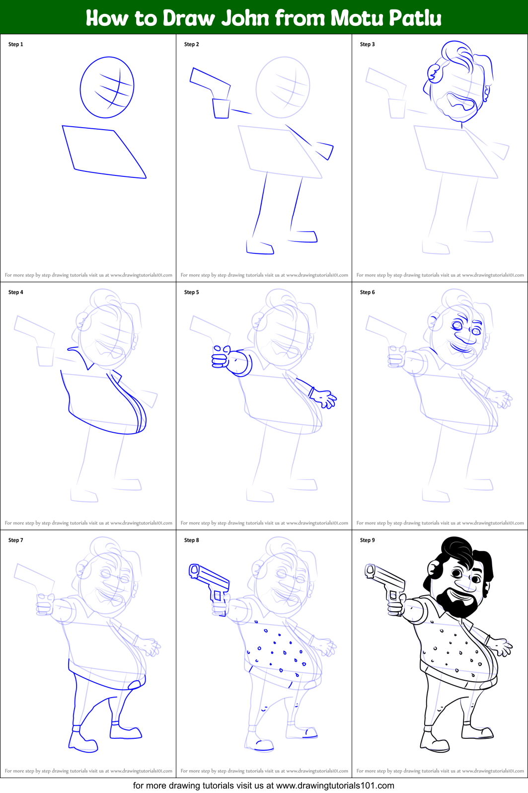 How to Draw John from Motu Patlu Printable Step by Step
