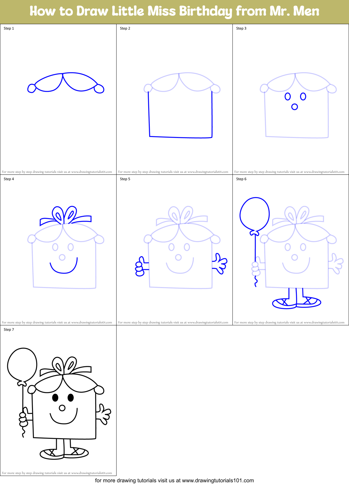 How to Draw Little Miss Birthday from Mr. Men Printable Step by Step