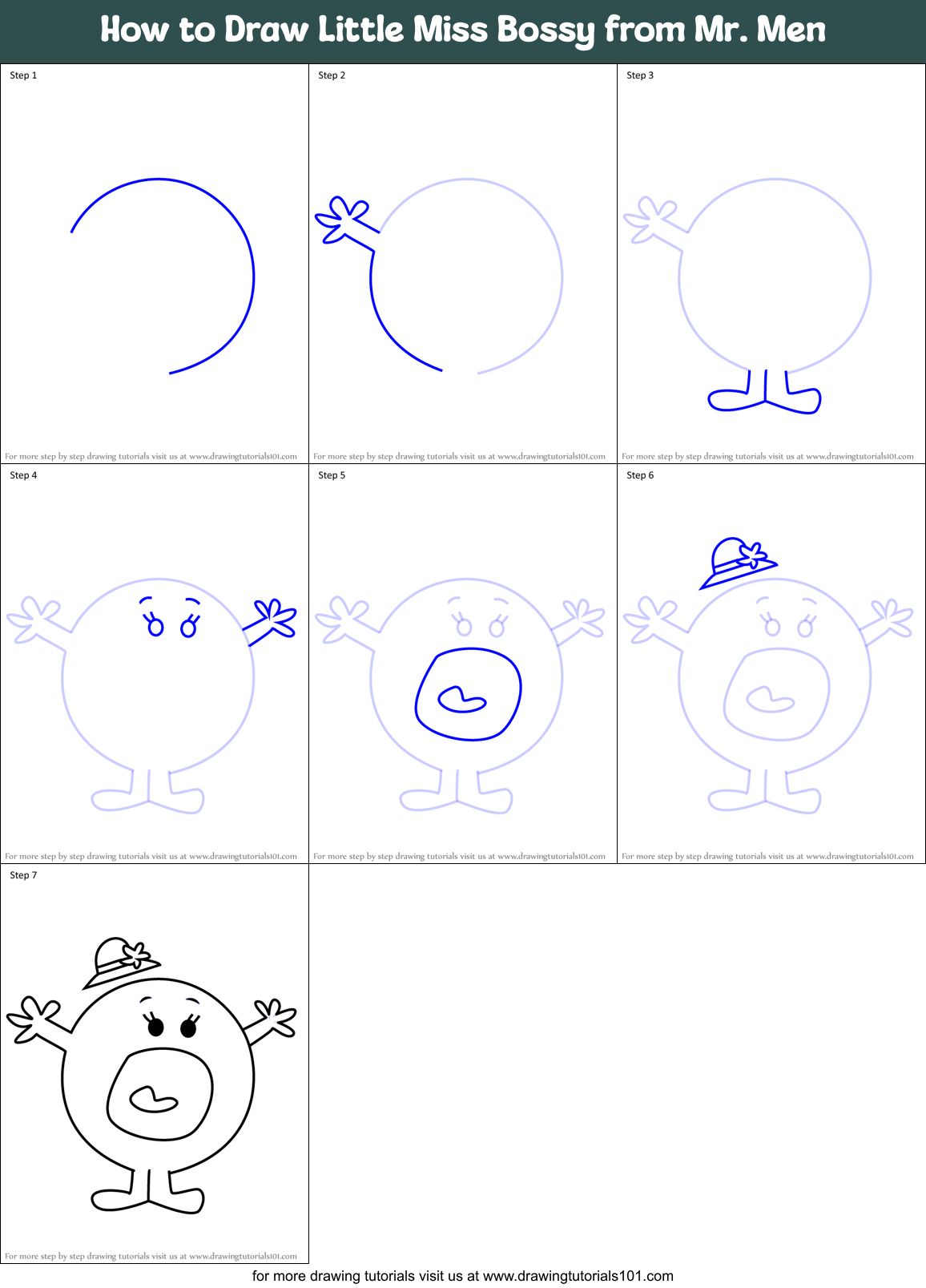 How to Draw Little Miss Bossy from Mr. Men Printable Step by Step